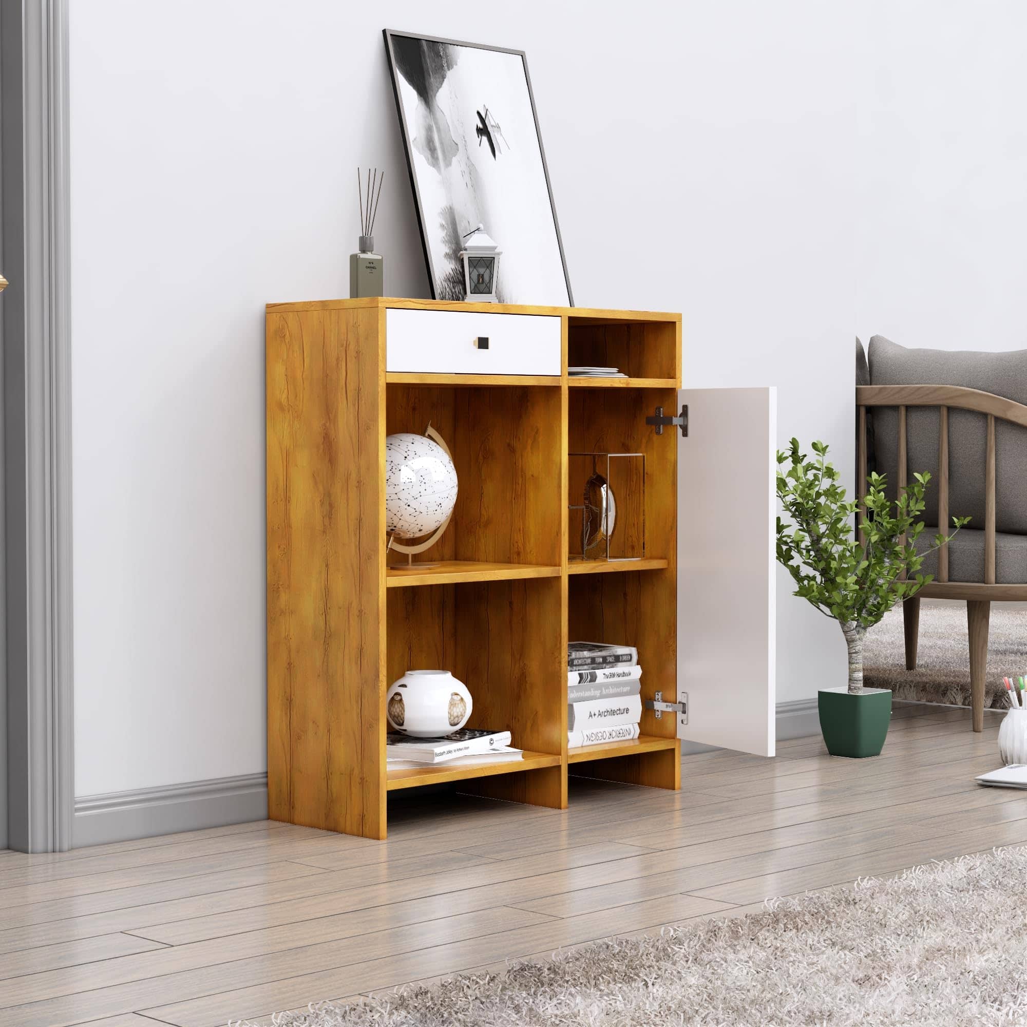 Hexa Red Multipurpose Storage Cabinet With 1 Drawer 1 Door in Giant Wood And Frosty White Colour - HexaRed