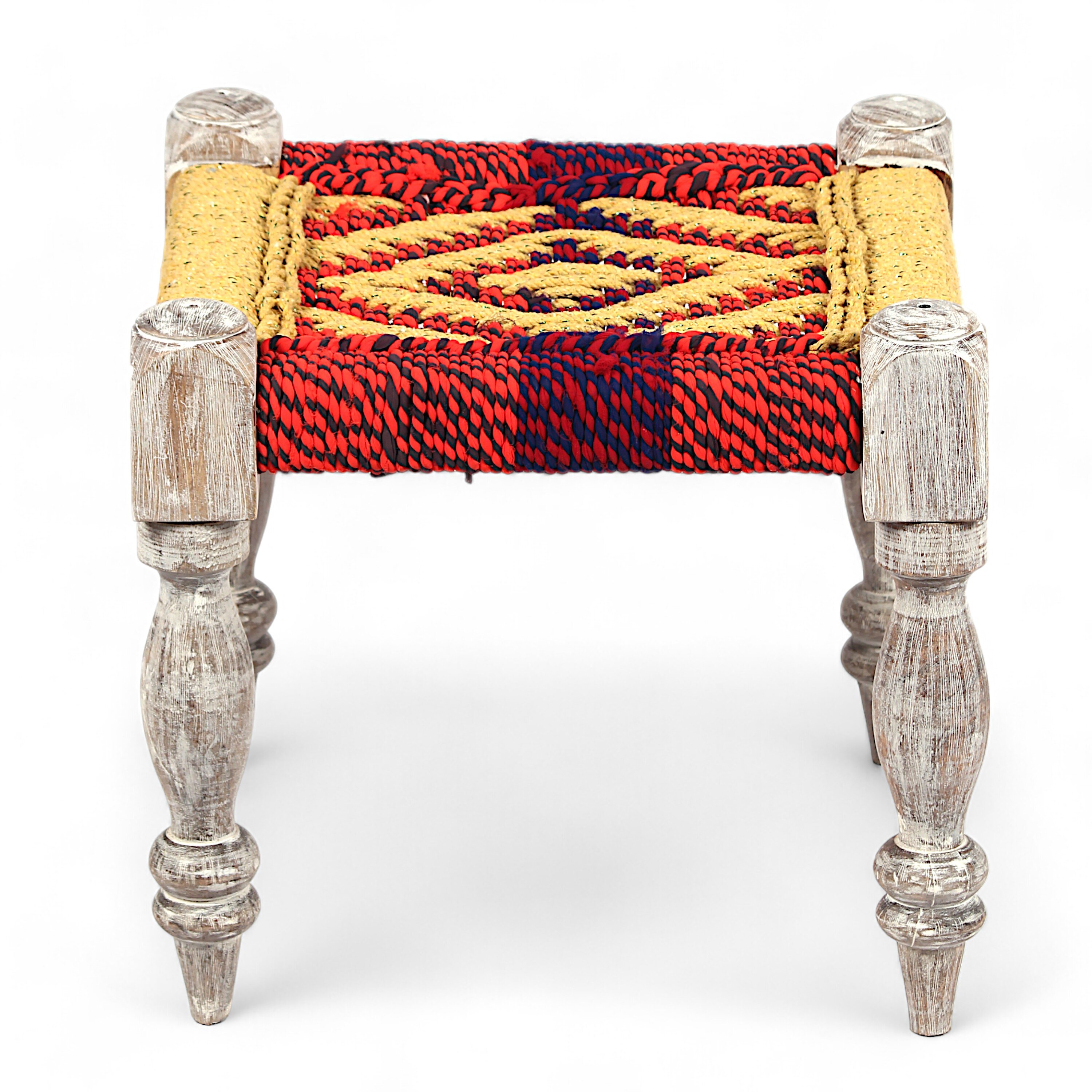 Hamilton Sheesham Wood 2 Seater Maachi Bench Set With 2 Stools In Assorted Multi-Colour Chindi & Yellow Rope Canning