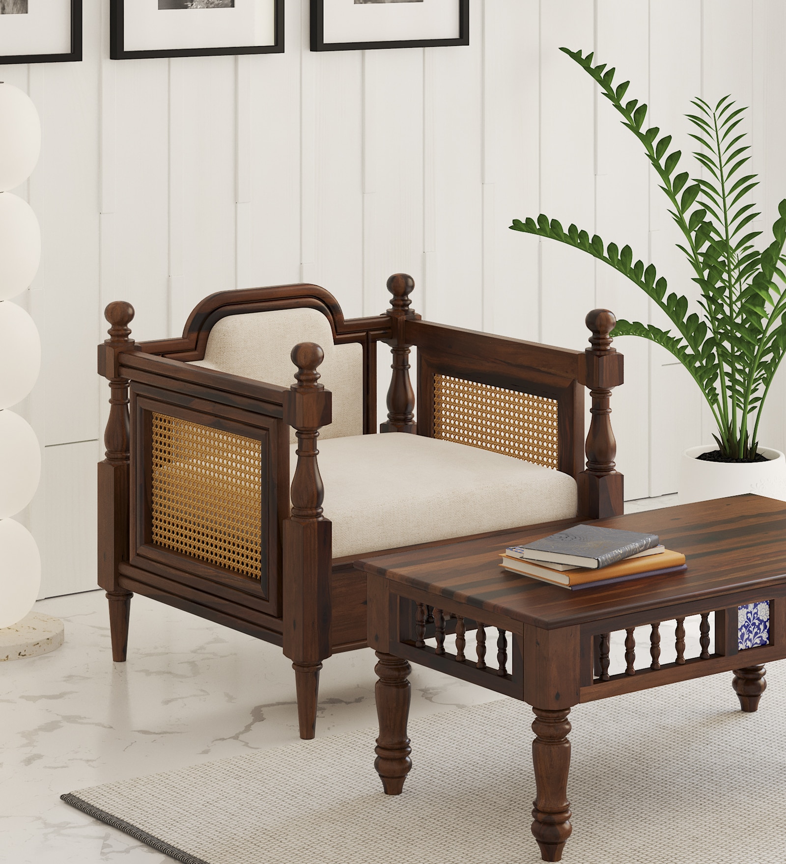 Rattan Solid Wood 1 Seater Sofa in Provincial Teak Finish