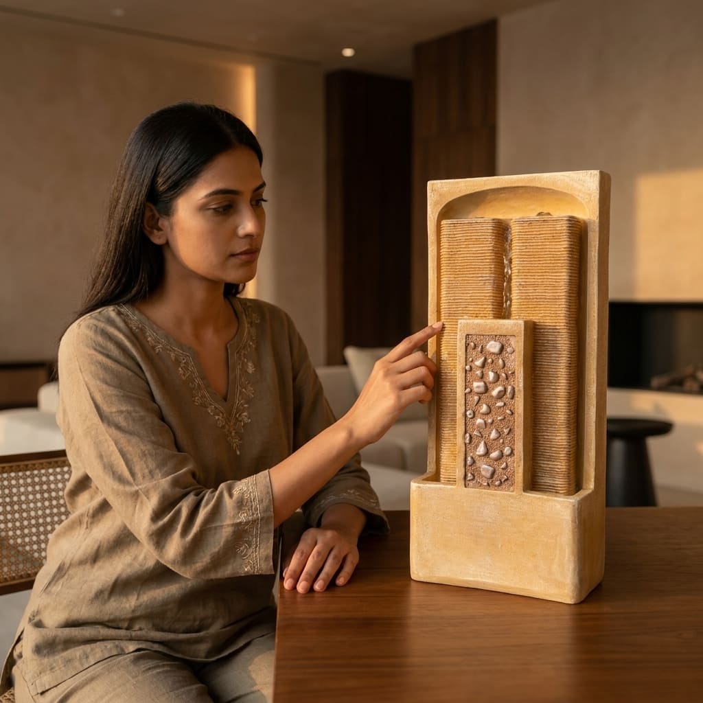 Water Fountain Golden Glow Rain Curtain Water Fountain in Sandstone Beige Colour - Vedas