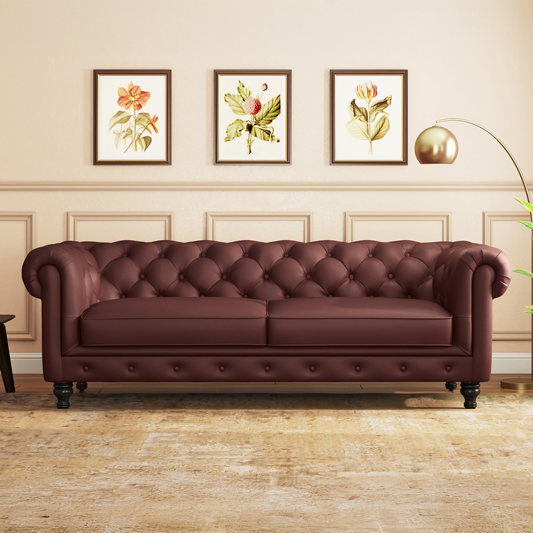 Winchester 3 Seater Half Leather Sofa In Bordeaux Italian Leather