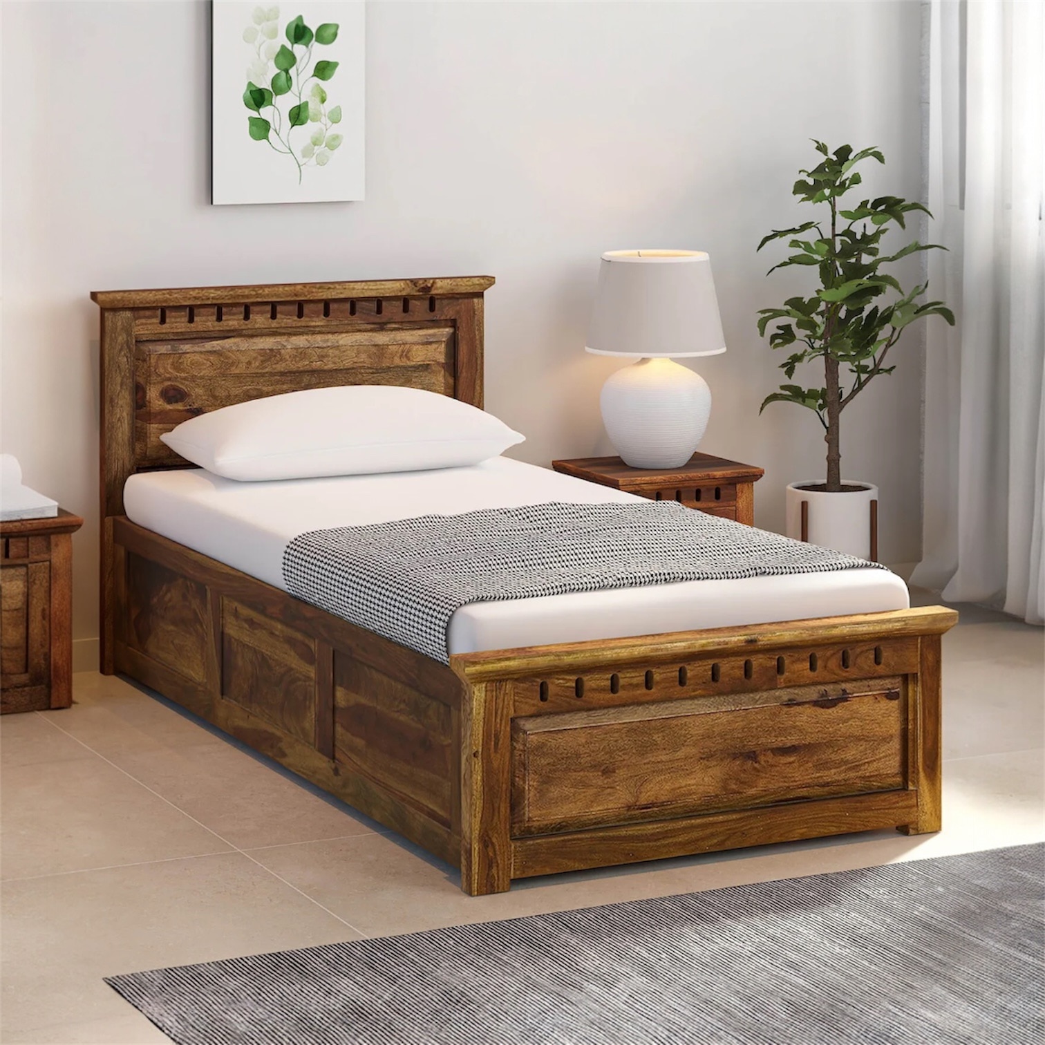 Zvya Solid Wood Single  Size Upholstered Bed With Box Storage (Provincial Teak Finish)