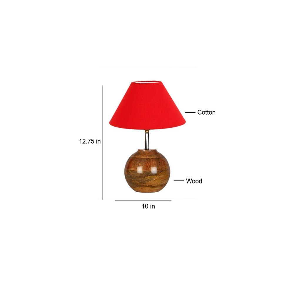 Red cotton with Natural Wood Table Lamp