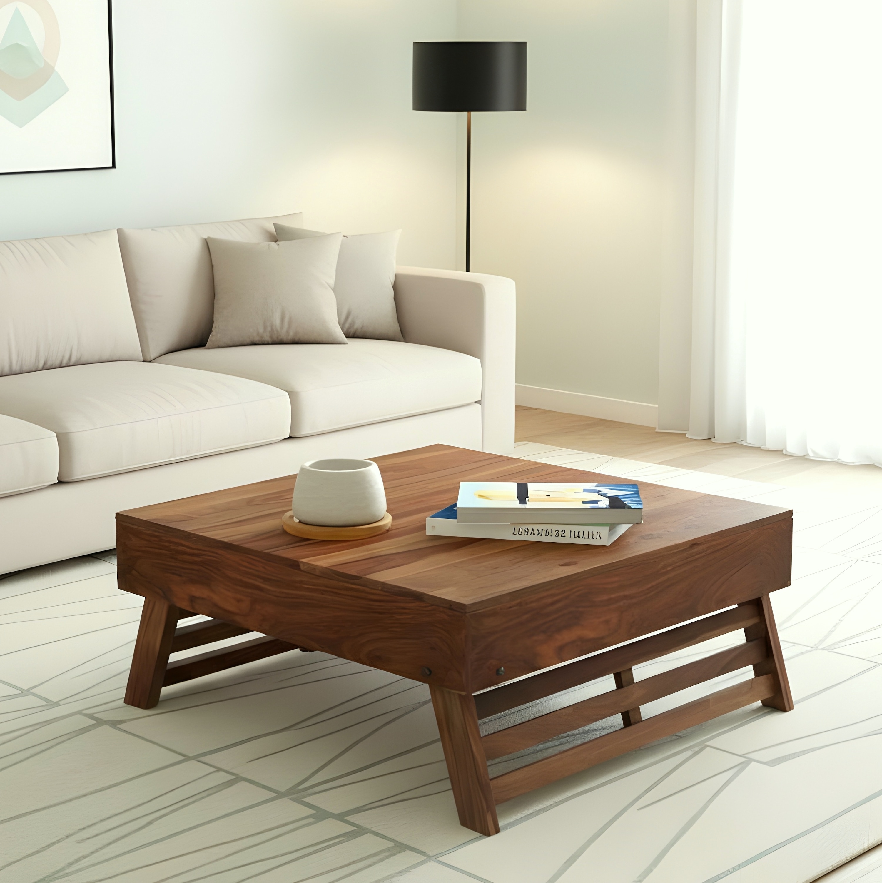 Bradford Sheesham Wood Contemporary Square Foldable Coffee Table In Natural Teak Finish
