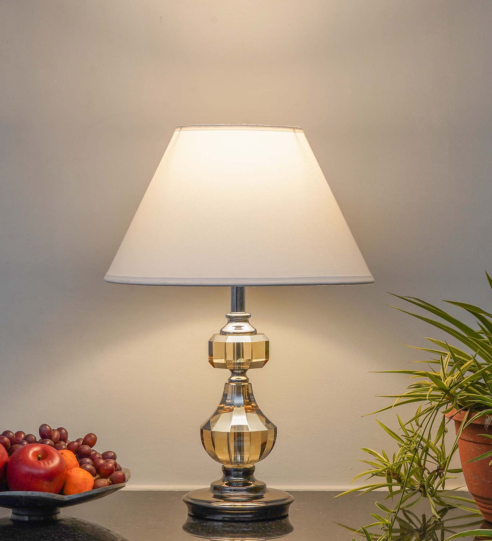 Bompton Nickel Finish Metal And Smoke Crystal Table Lamp With White Cotton Shade
