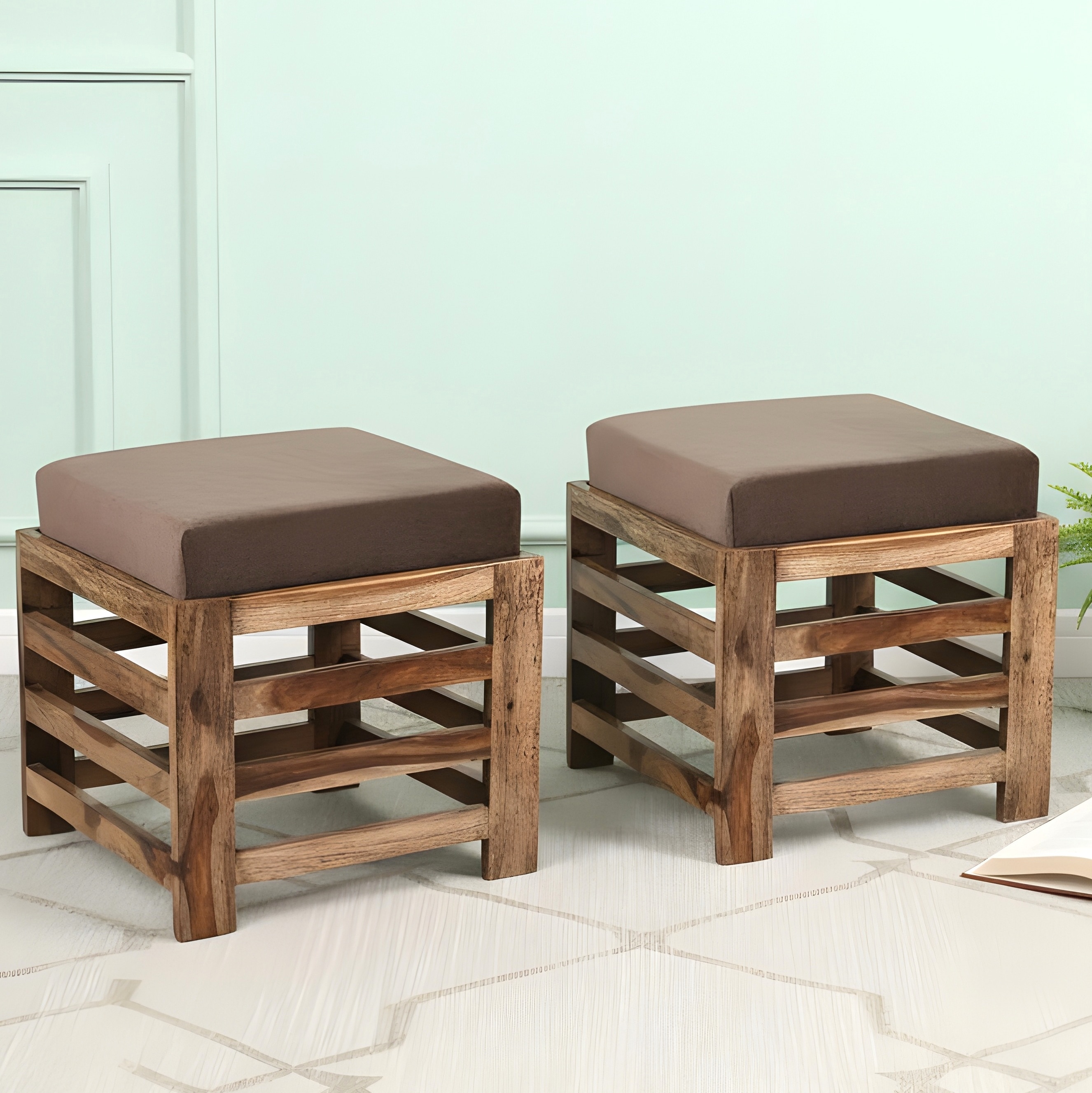 Houston Sheesham Wood Contemporary Set of 2 Stools in Cedar Brown Velvet, Teak Finish