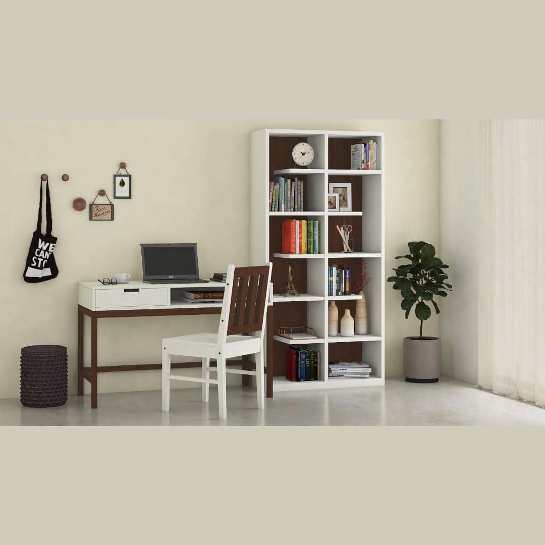 Montana Large Teak Wood Study Set with Desk Chair and Bookshelf in Ivory Coffee Walnut Colour