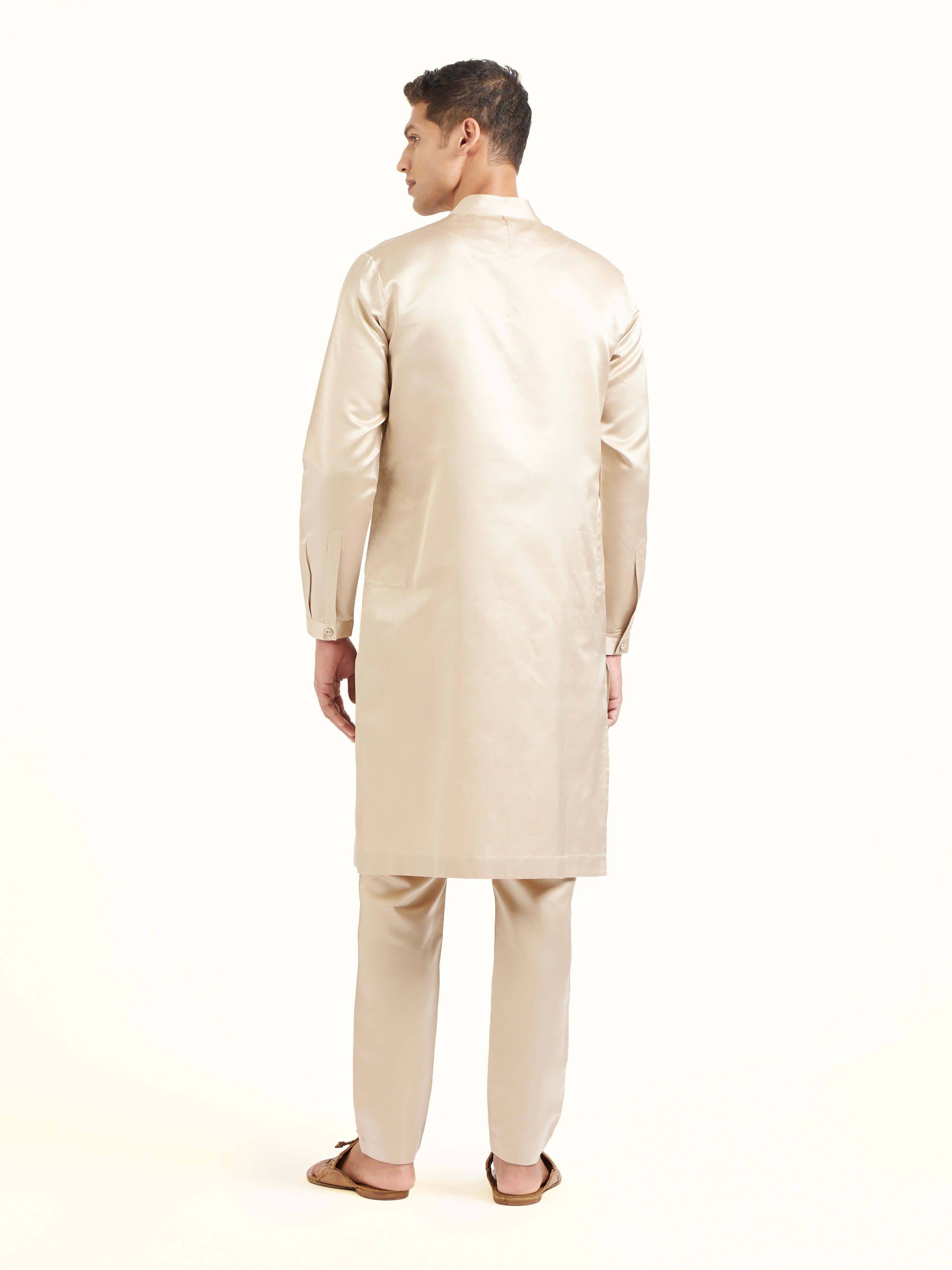 Back view of beige katan silk Banarasi long kurta churidar set displaying complete ensemble