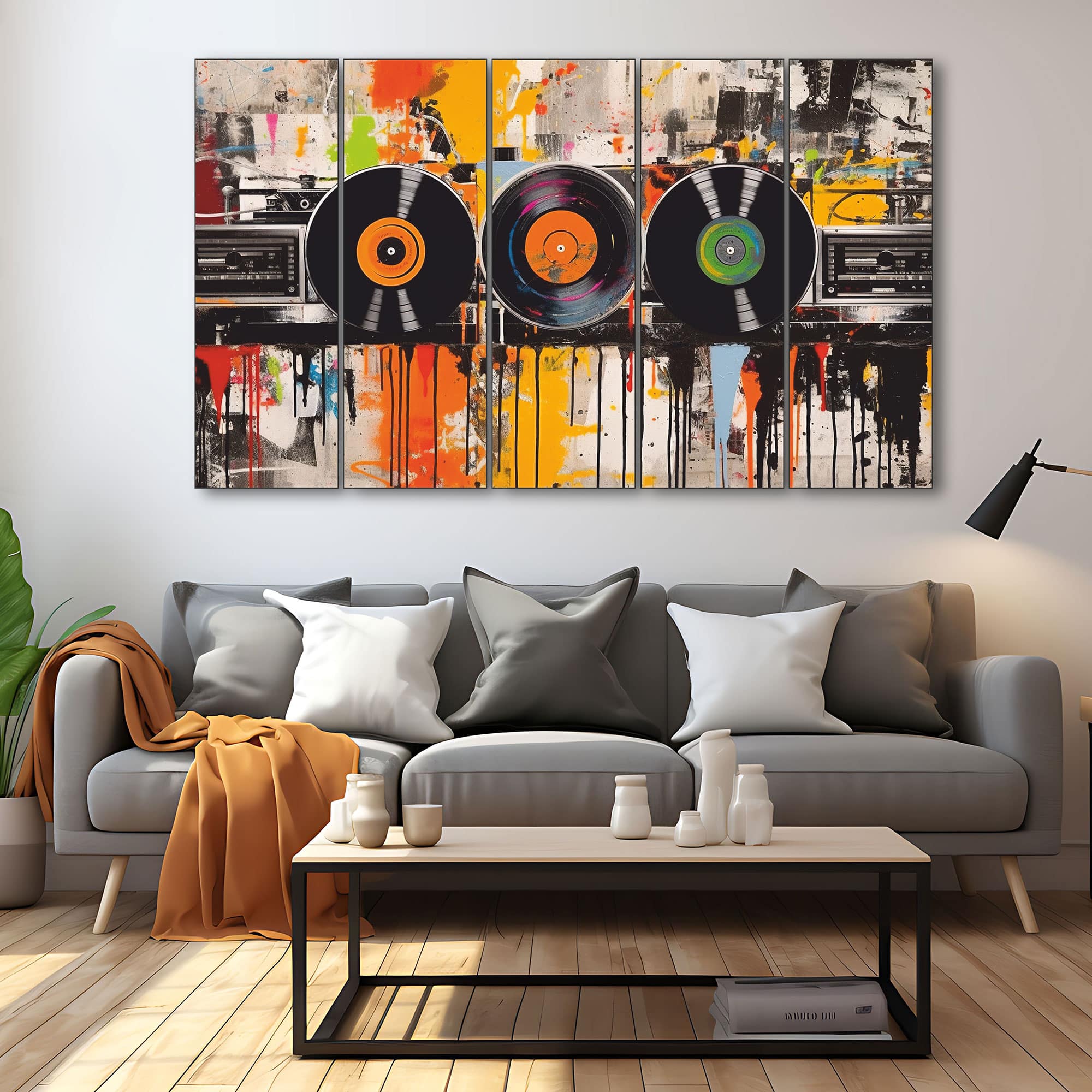 The Castle Decor Music Retro Art Wall Art Set of 5 Wooden Framed Digital Painting 27x48 Inch - The Castle Decor