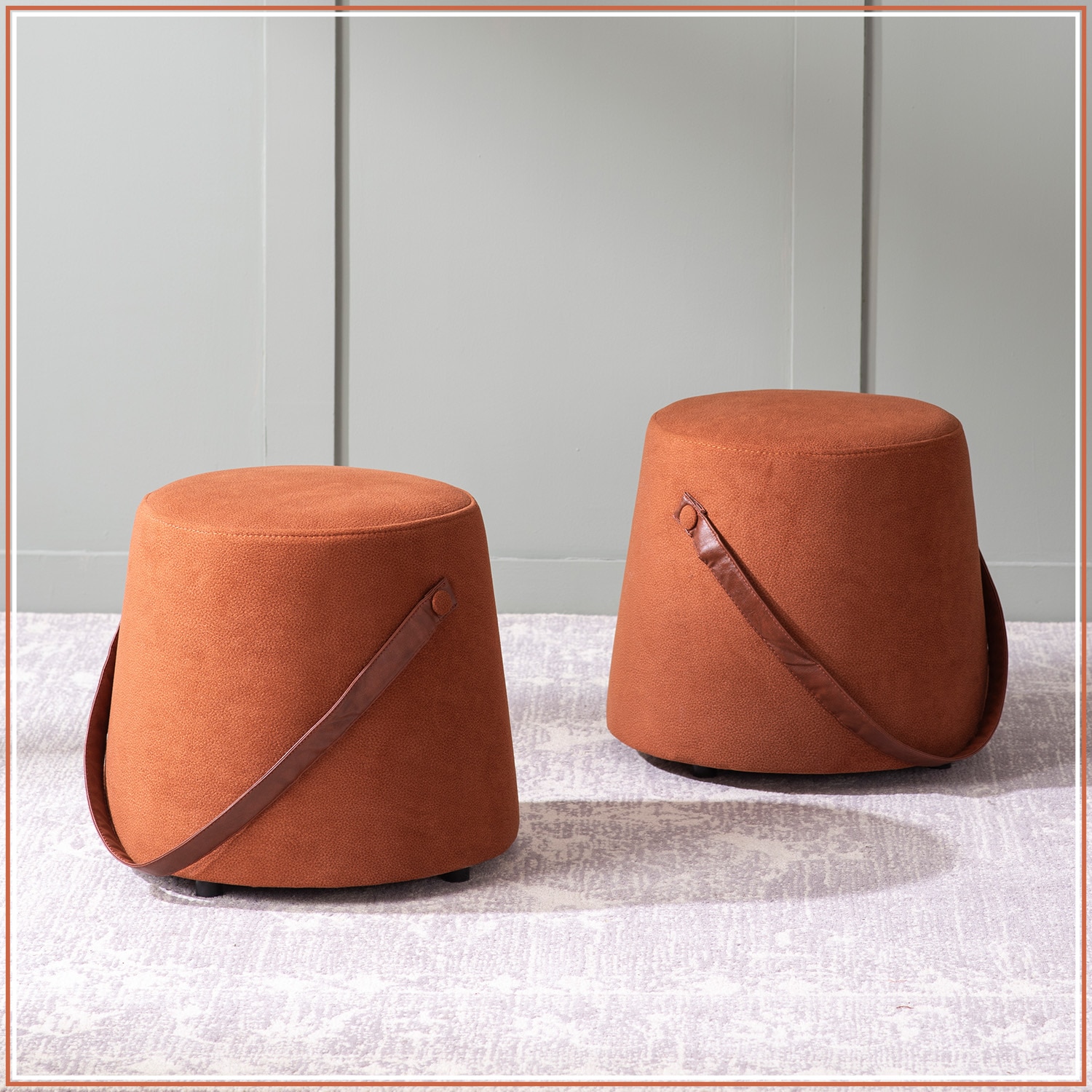 Hoist Collection Pouf With Faux Leather Strap in Tan Color Set Of 2 | Nestroots - Nestroots