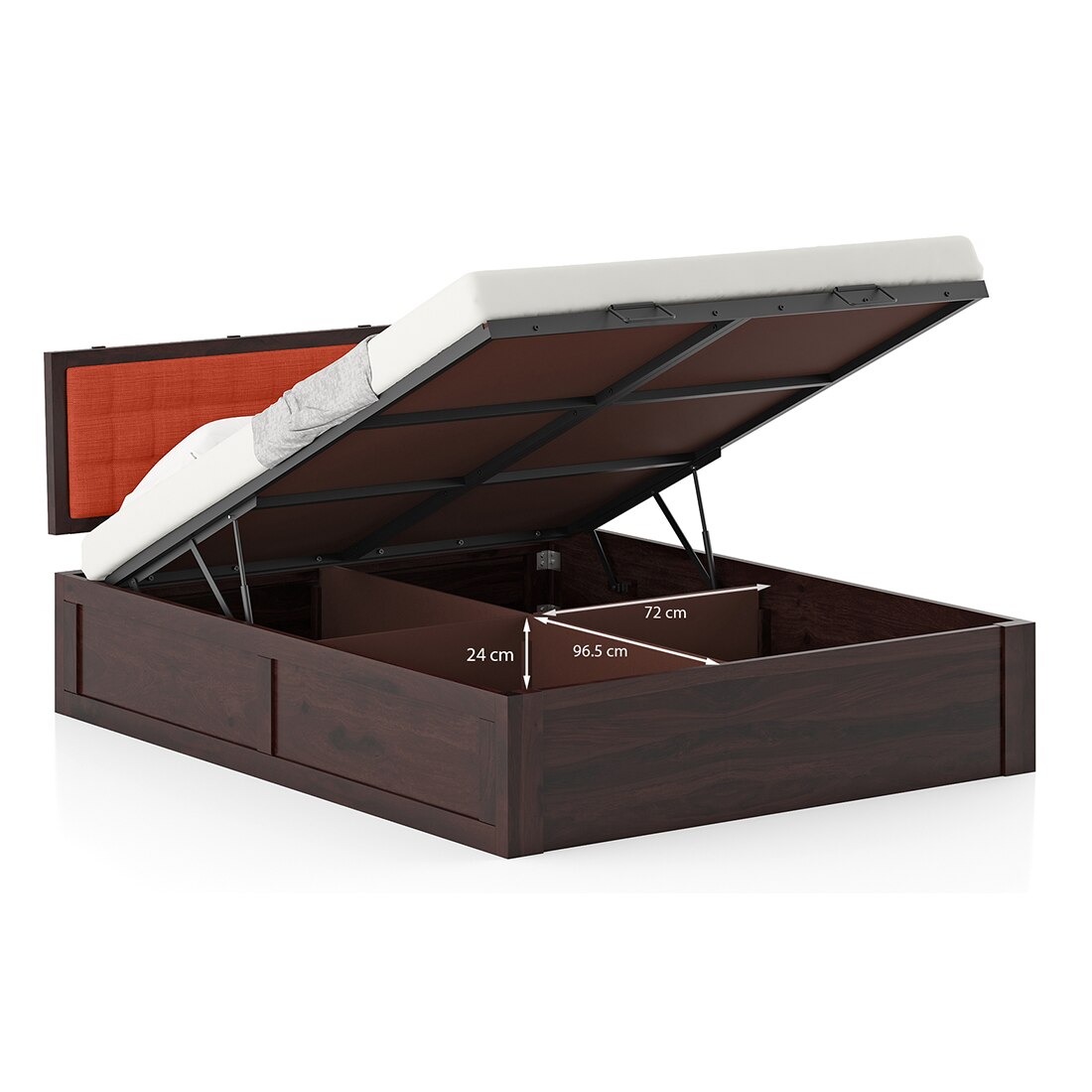 Florence Queen Size Solid Wood Hydraulic Storage Bed In Mahogany Finish & Lava Colour