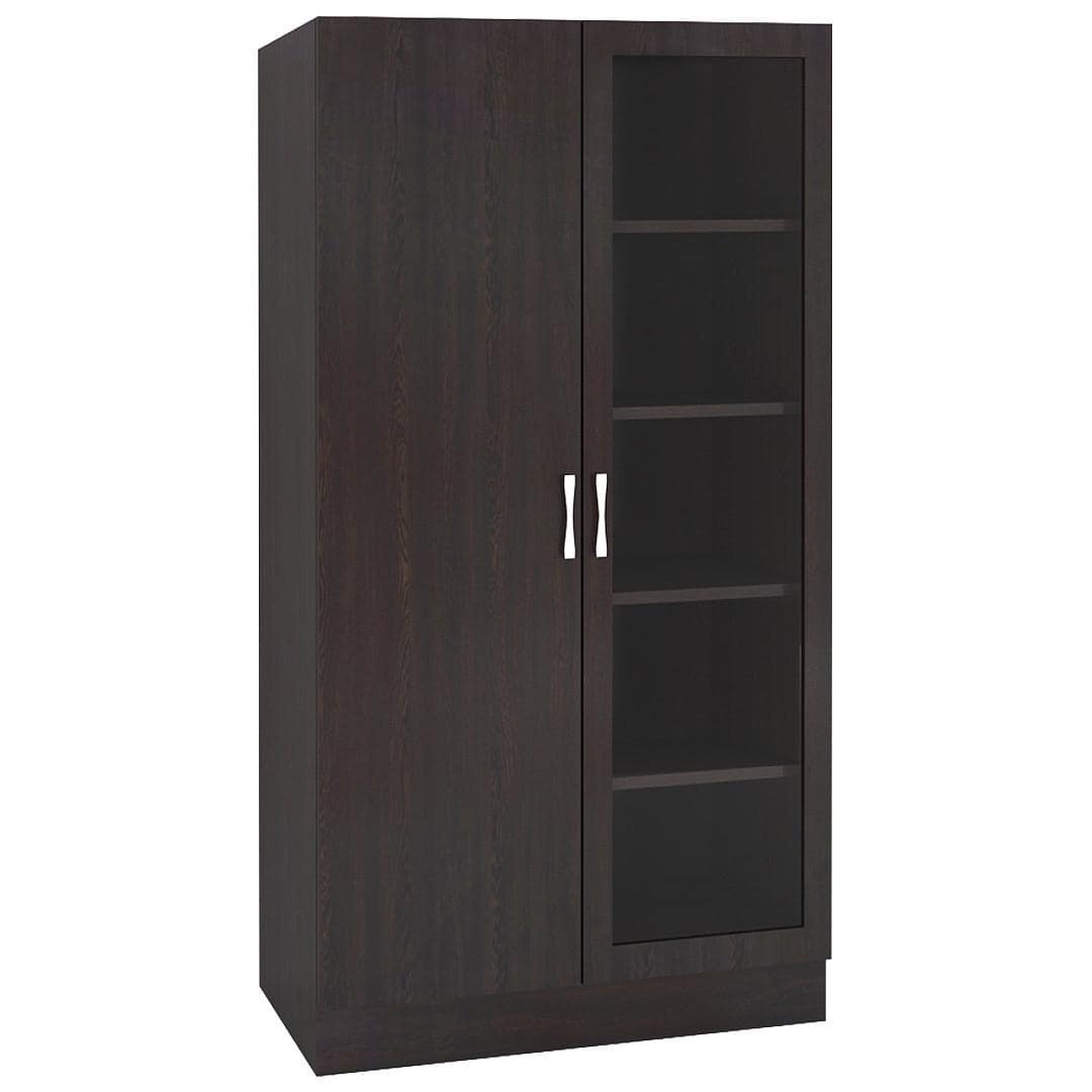 Celestia Double Door Bookshelf cum Crockery Cabinet with Toughened Glass in Antique Ebony Colour