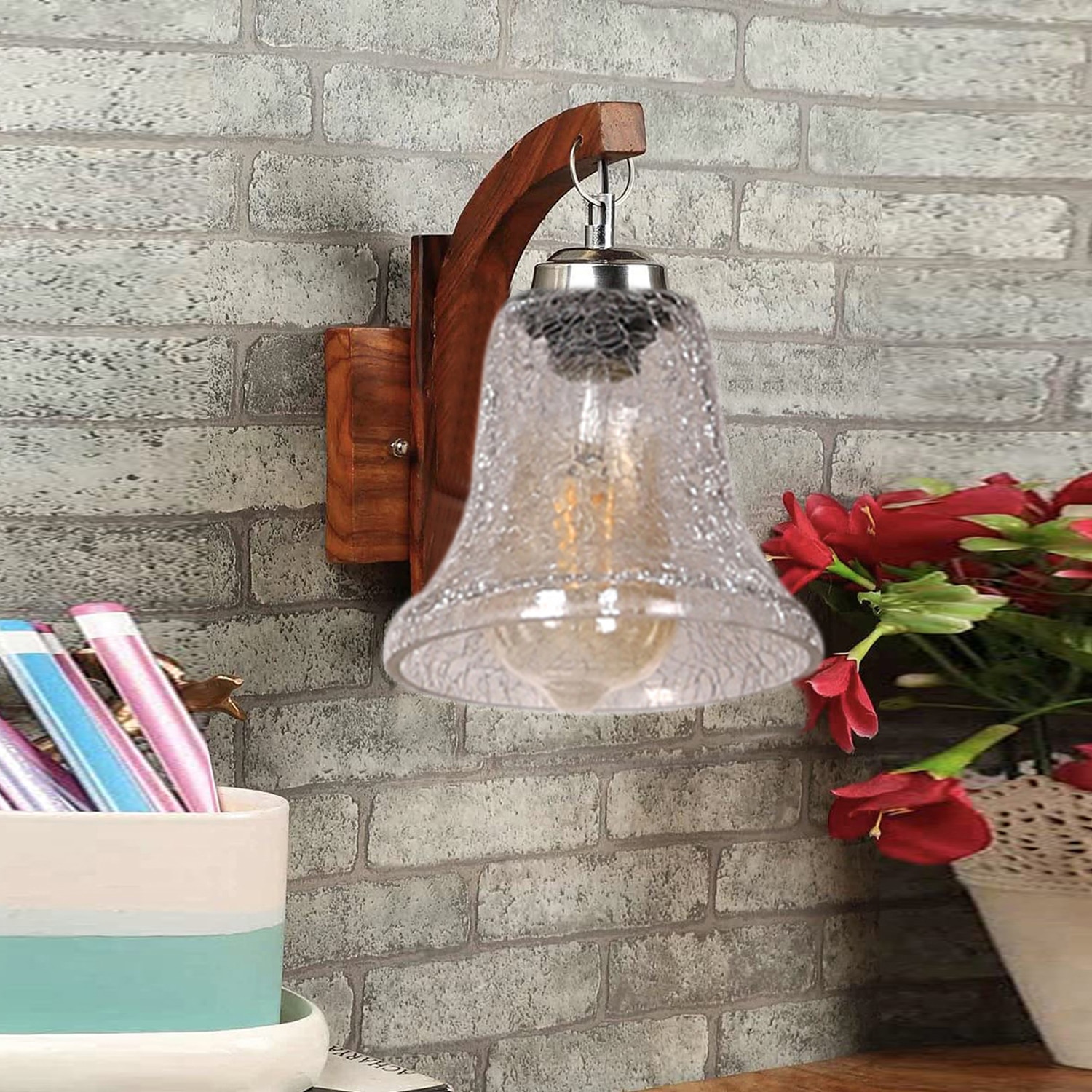 Devansh Solid Wood Electric Wall Light in Brown Colour with Transparent Shade Count of 1 Light - Devansh