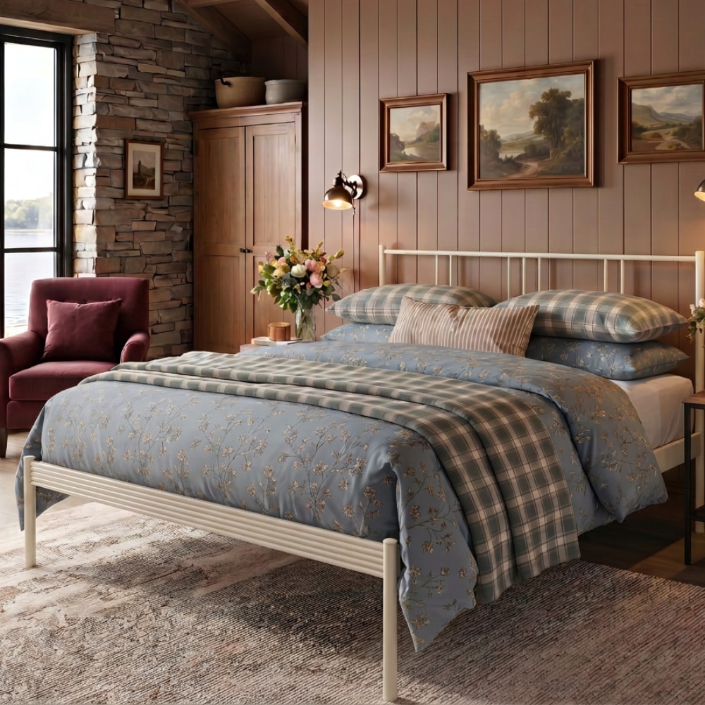 Sheen Metal Non Storage Queen Bed in Glossy Ivory Finish - Original Bed Co.