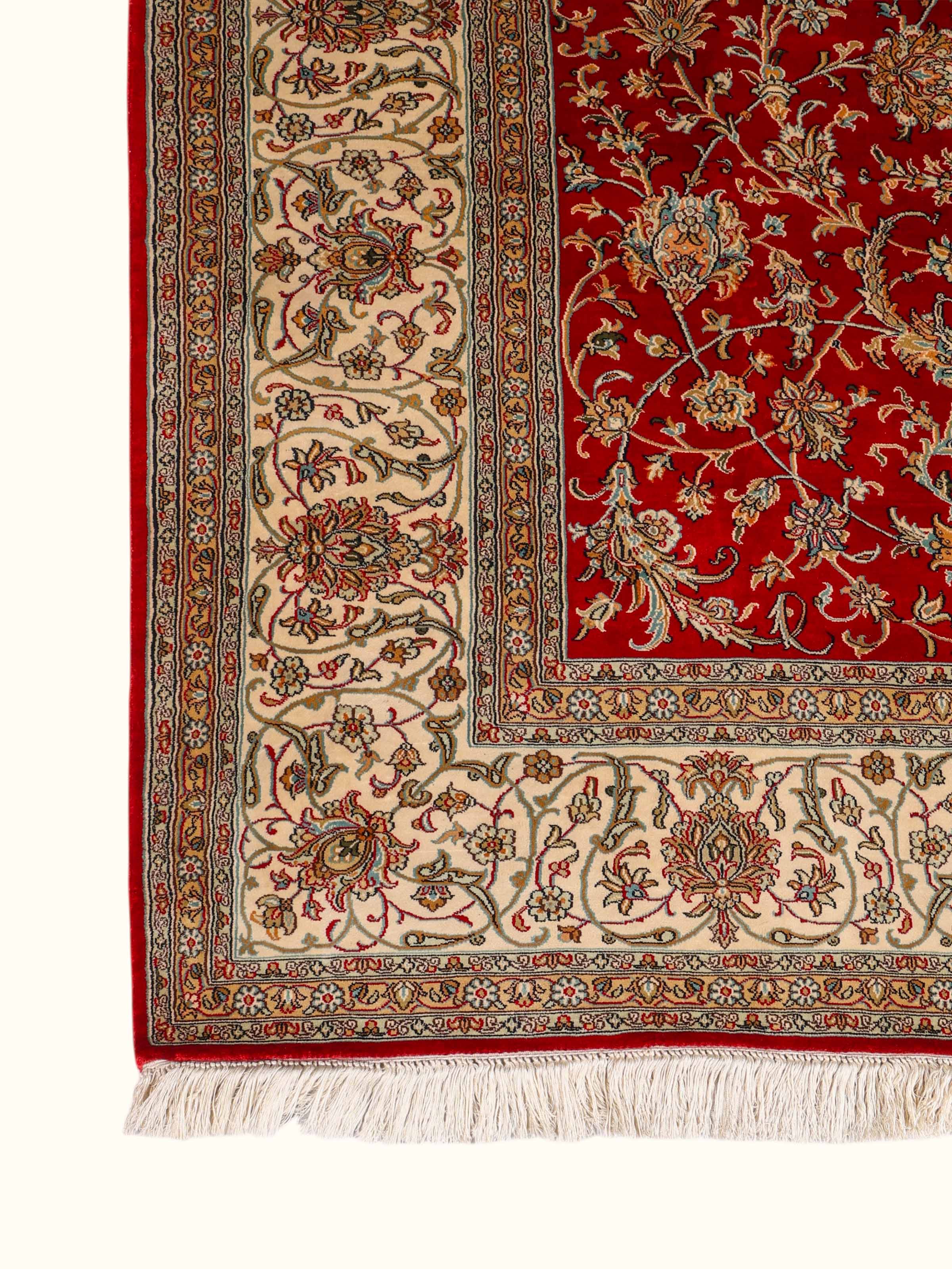 Traditional Persian Red Ivory All over Kashmir Silk Hand-Knotted Carpet
