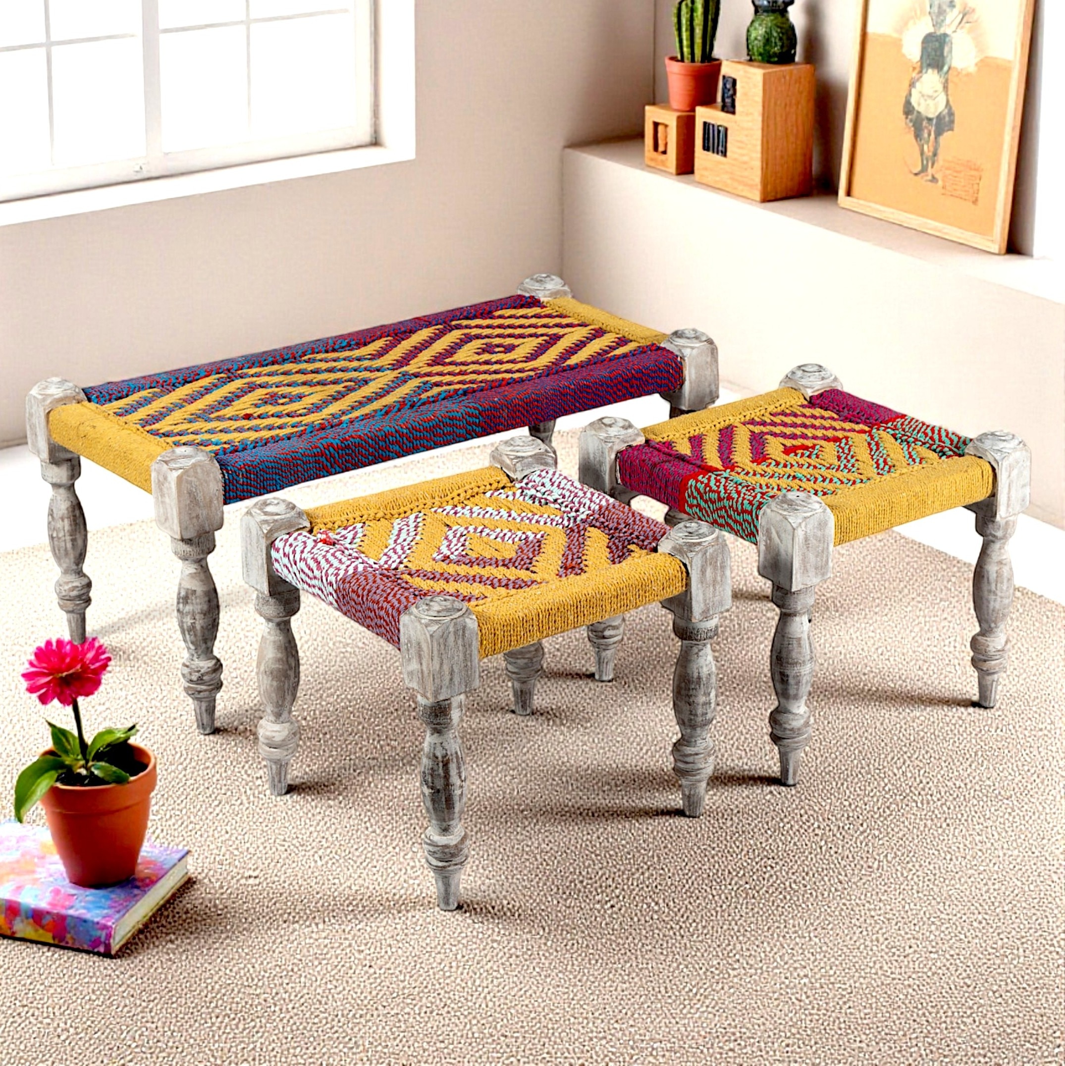 Oakville Sheesham Wood Vintage Seater Maachi Bench Set  2 Stools In Multi Colour Chindi  Yellow Rope