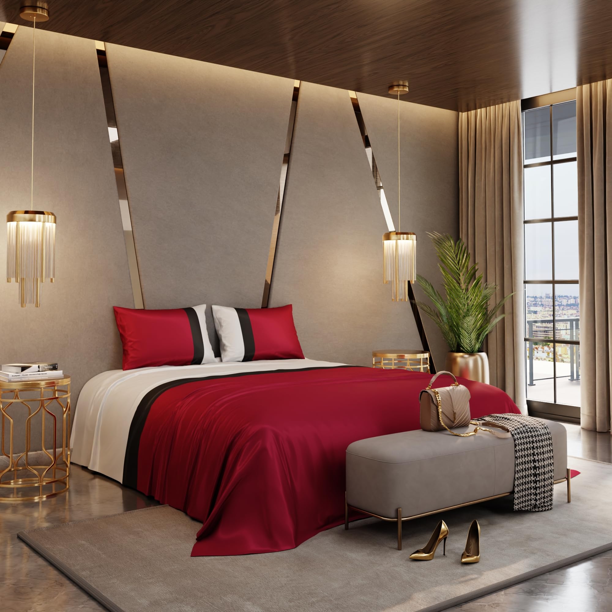 Stoa Paris 300TC UltrSatin Super King Bedsheet with 2 Pillow Covers Satin Super Red Red - Stoa Paris