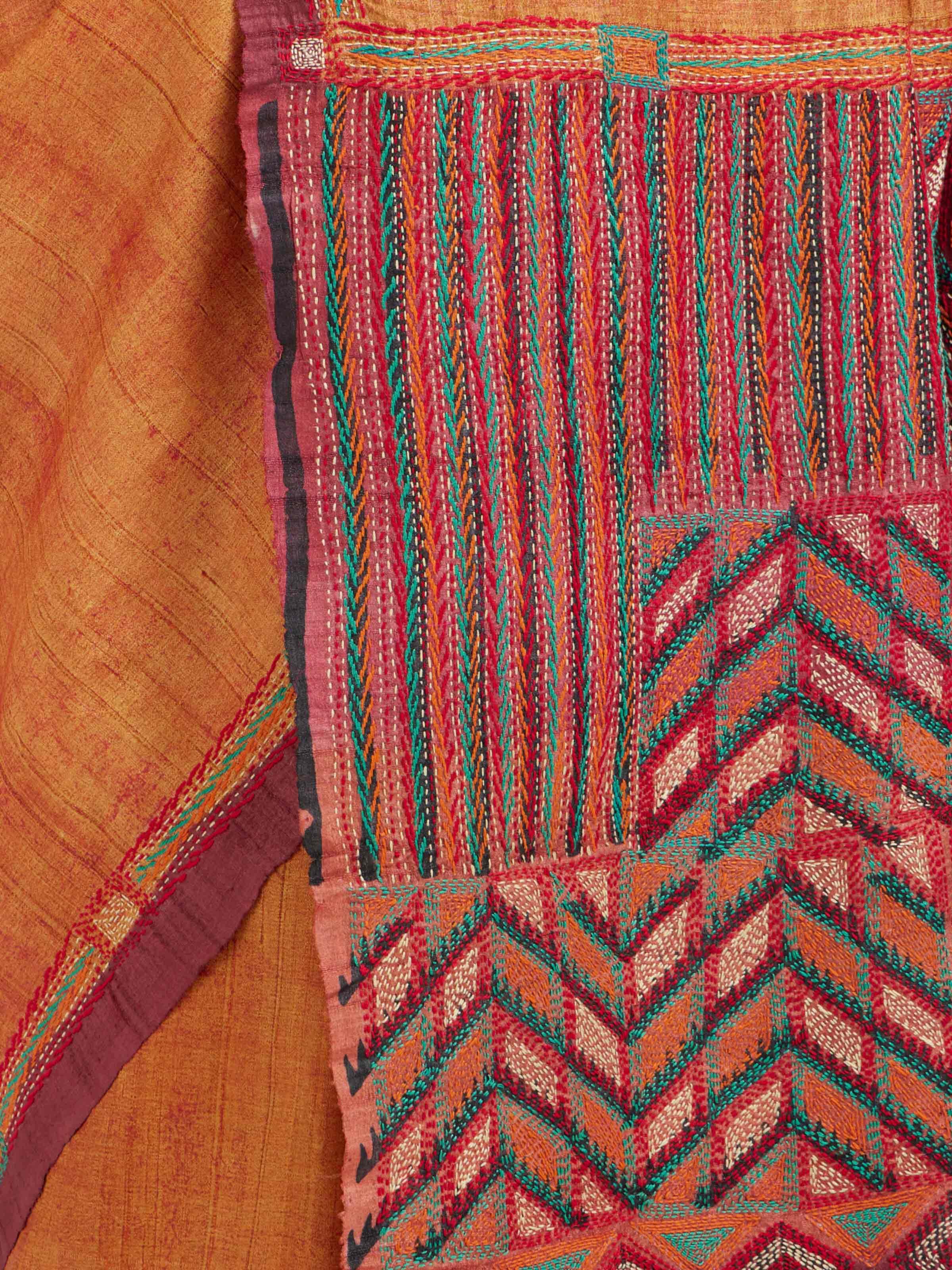 Rustorange Tussar Silk Discharge Block Kantha Embroidered Saree