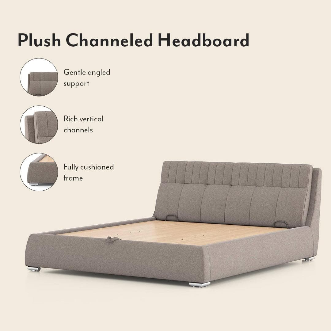 Stanhope Upholstered Hydraulic Storage King Size Bed In Shitake Beige Premium Chenille