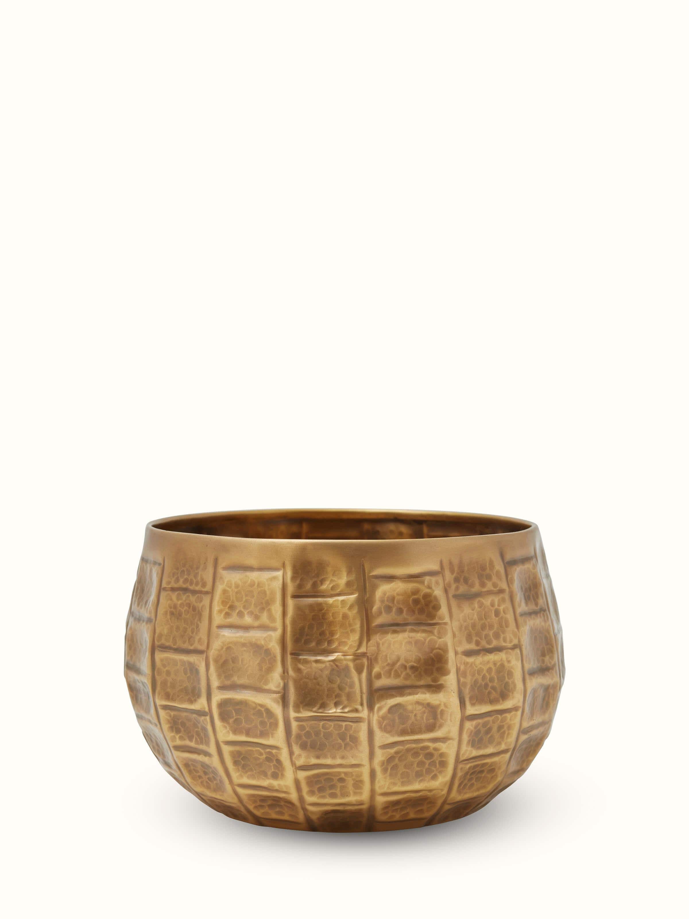 Front view of Antique Brass Planter highlighting its intricate brass detailing and design.