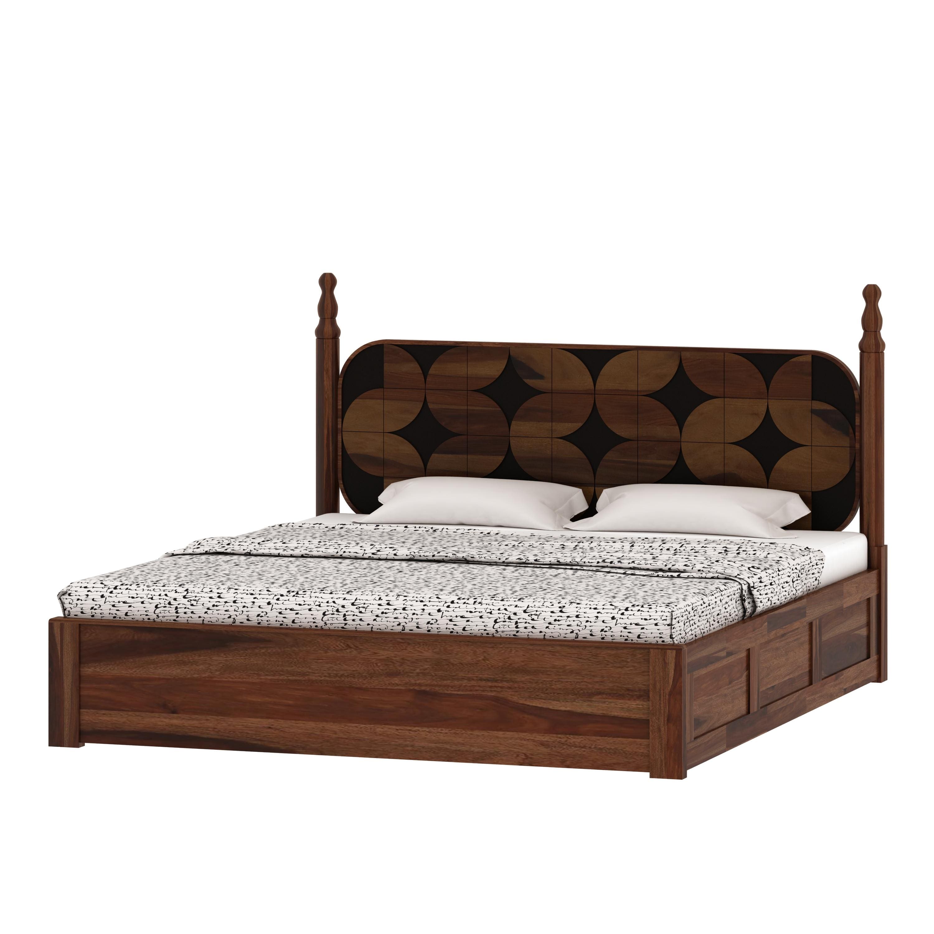 Rustic Sheesham Wood King Size Bed With Box Storage In Provincial Teak Finish