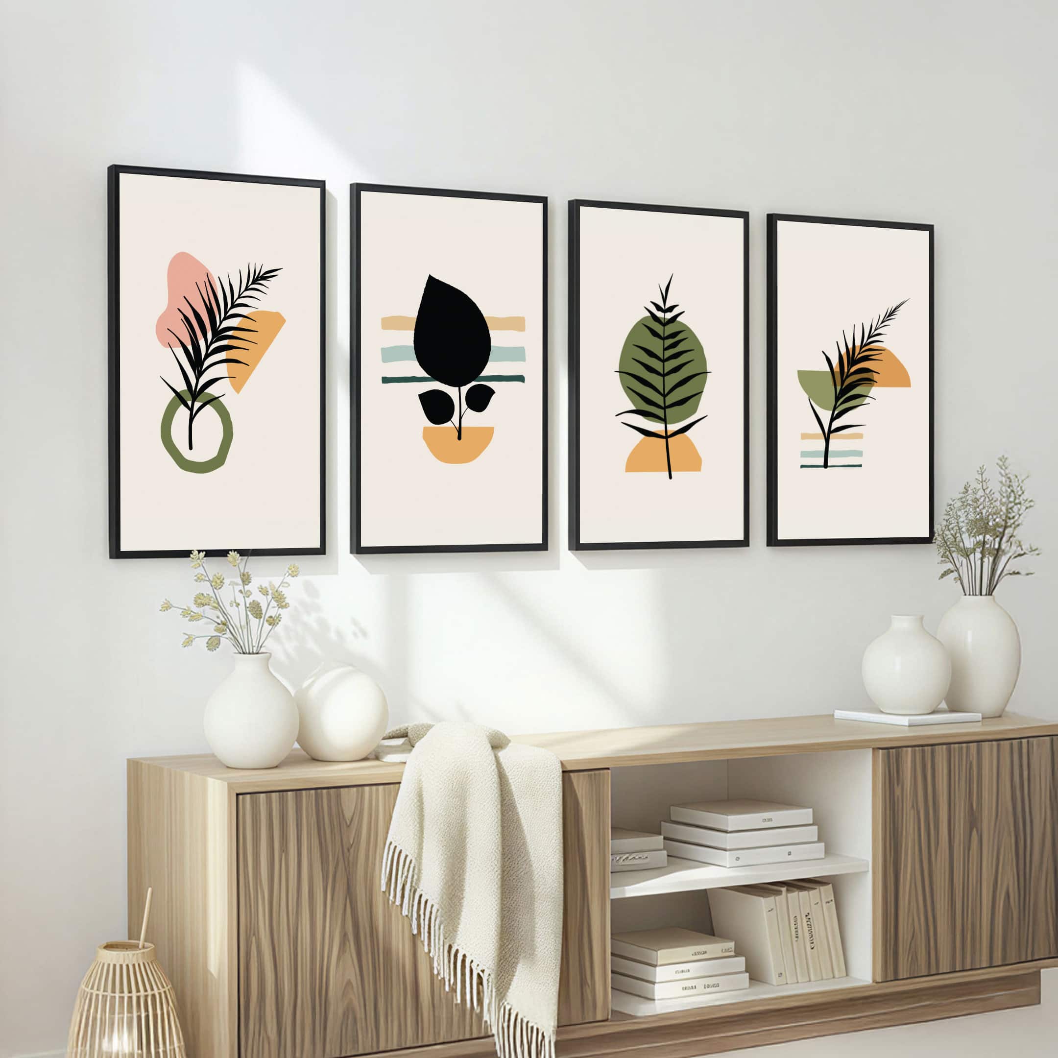 The Castle Decor Boho Abstract Botanical Wall Art Set of 4 Design 3 11x17 Inch - The Castle Decor