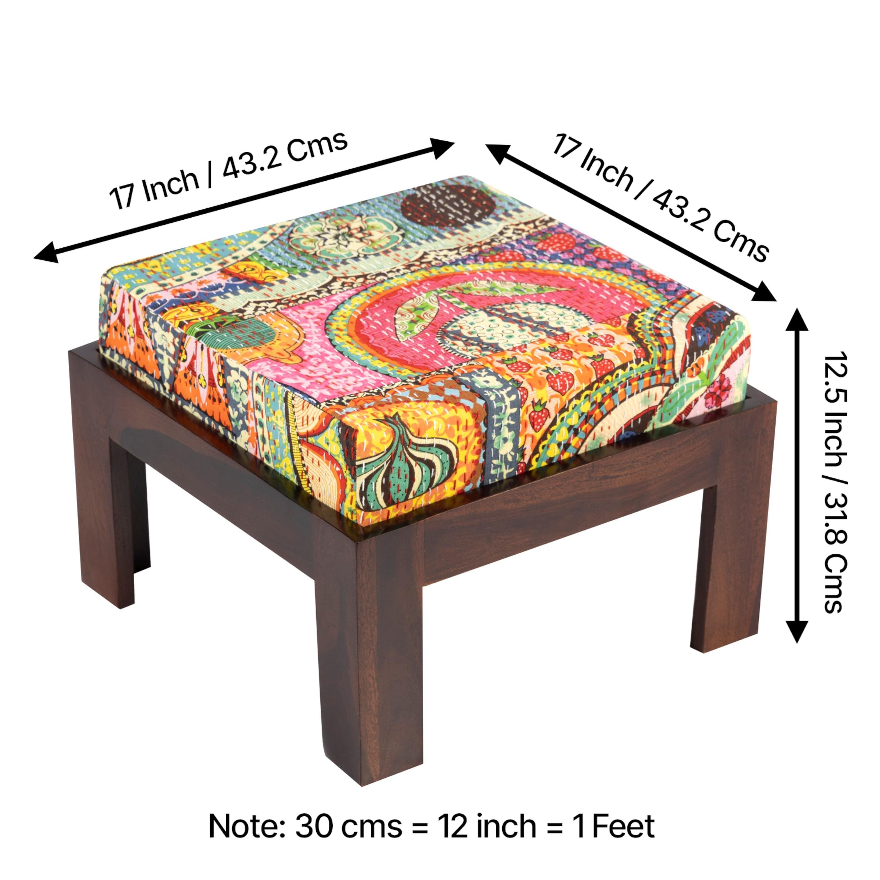 Irish Sheesham Wood Bohemian Coffee Table Set With 2 Stools In Dark Walnut Finish With Israel Print Patchwork Kantha Cushions