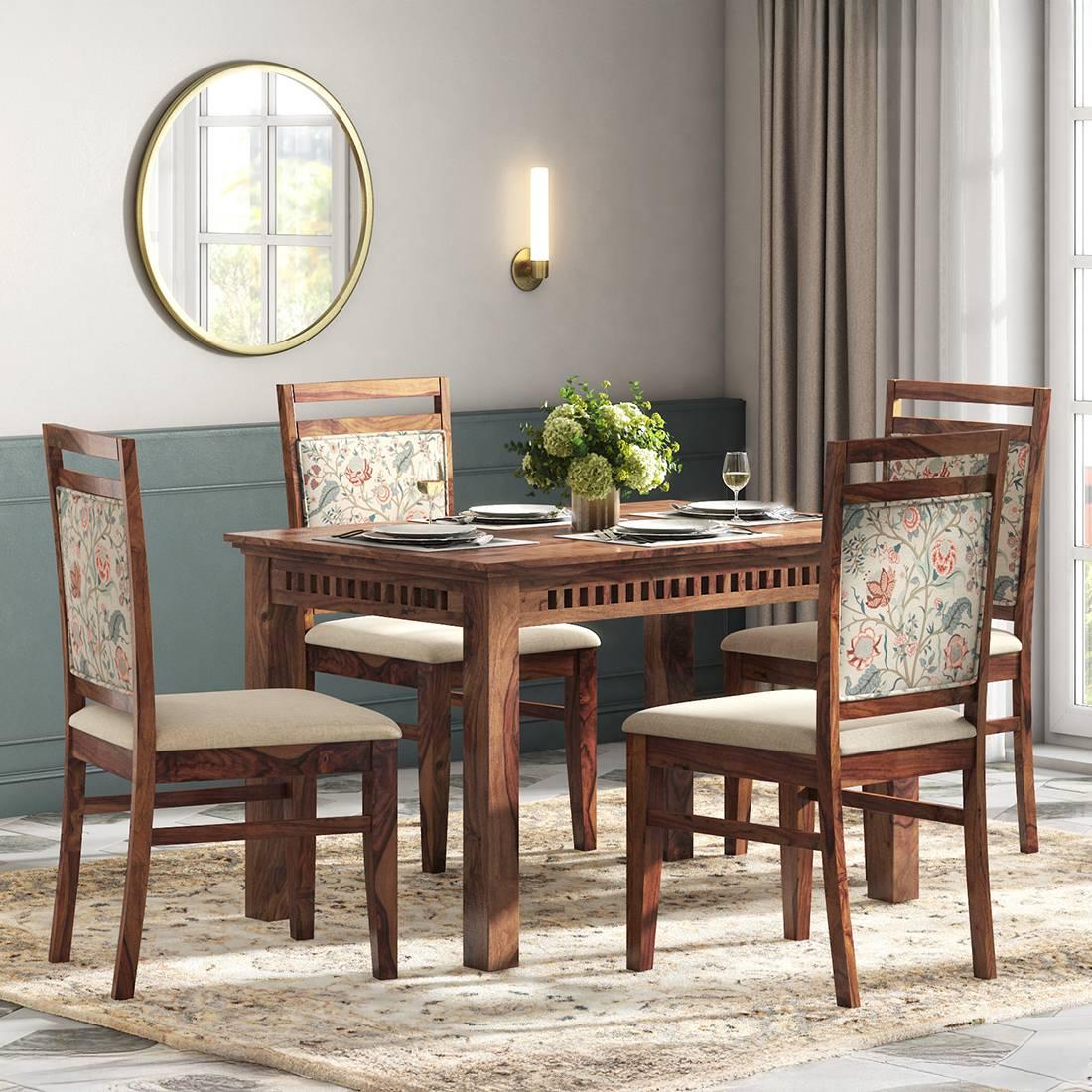 Fidora 4 Seater Dining Table With Set Of 4 Alaine Dining Chairs (Colour- Calico Floral Retreat & Pony Beige, Finish- Teak)