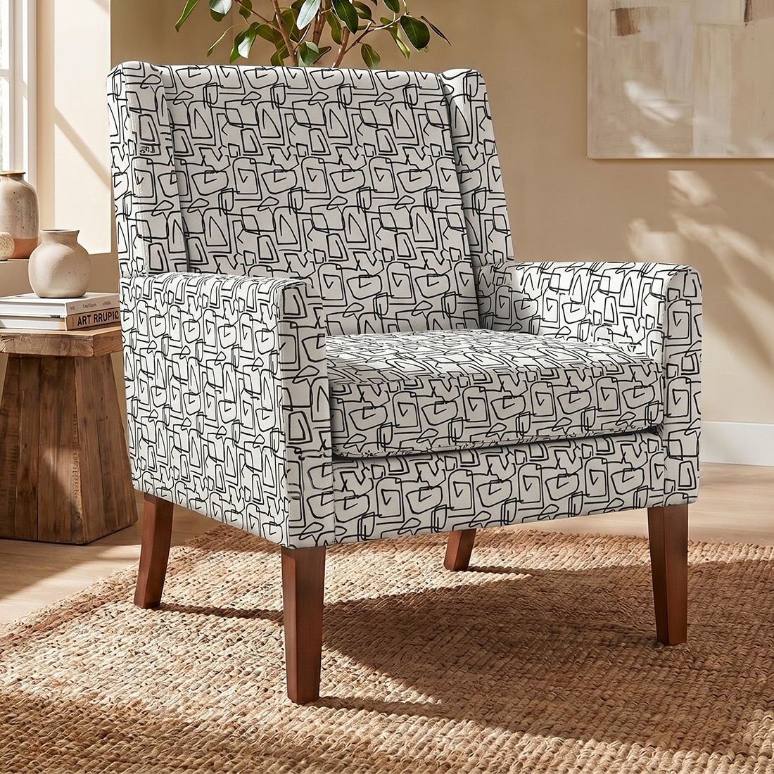 Leston Printed Canvas Geometry Fabric Lounge Chair in White Colour - KURSIWALLAH
