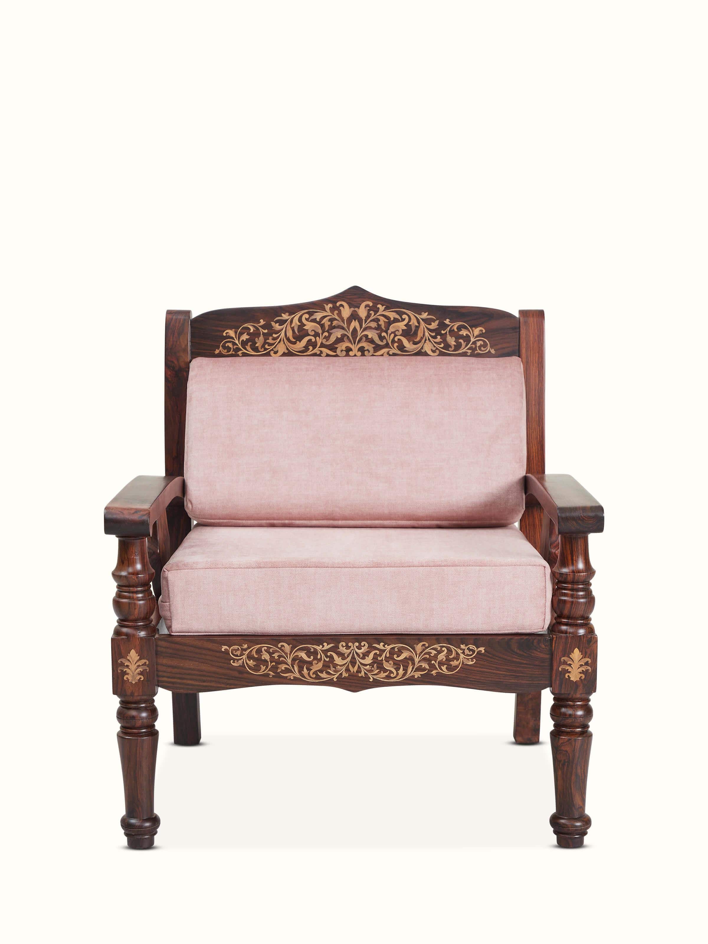 Front view of Upholstered Mysore Rosewood Inlaid 1-Seater Sofa showcasing intricate inlay work