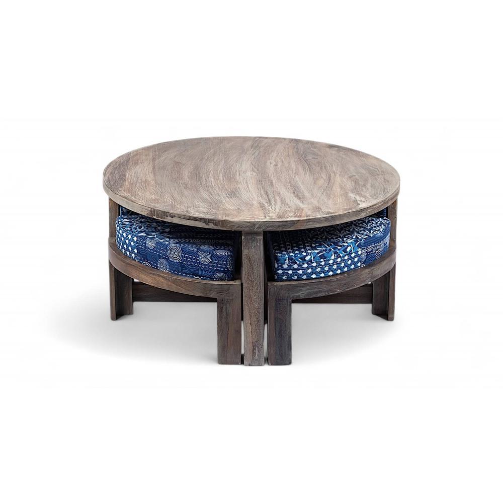 Nashville Sheesham Wood 4 Seater Coffee Table Set In Antique Grey Finish Indigo Patch Kantha Cushion