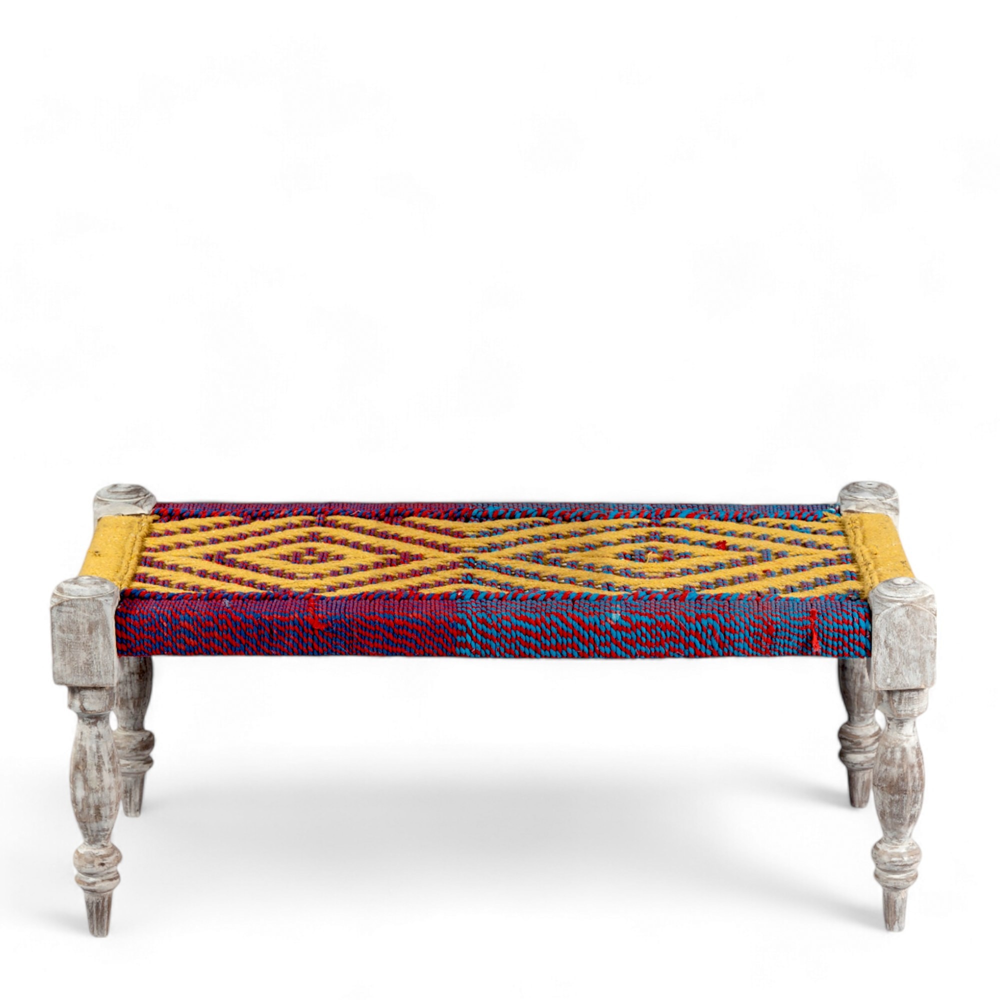 Oakville Sheesham Wood Vintage Seater Maachi Bench Set  2 Stools In Multi Colour Chindi  Yellow Rope