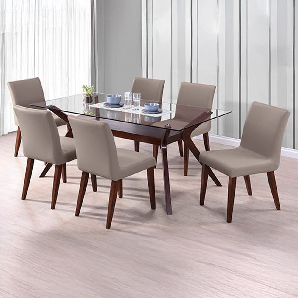 Wesley- Persica Leatherette 6 Seater Glass Top Dining Table Set (Colour- Beige, Finish- Dark Walnut)