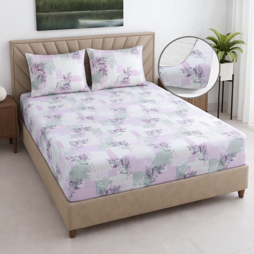 White And Pink Shade  Floral Cotton400 Tc Fitted Double Queen Size Bedsheet With 2 Pillow Covers - Threads