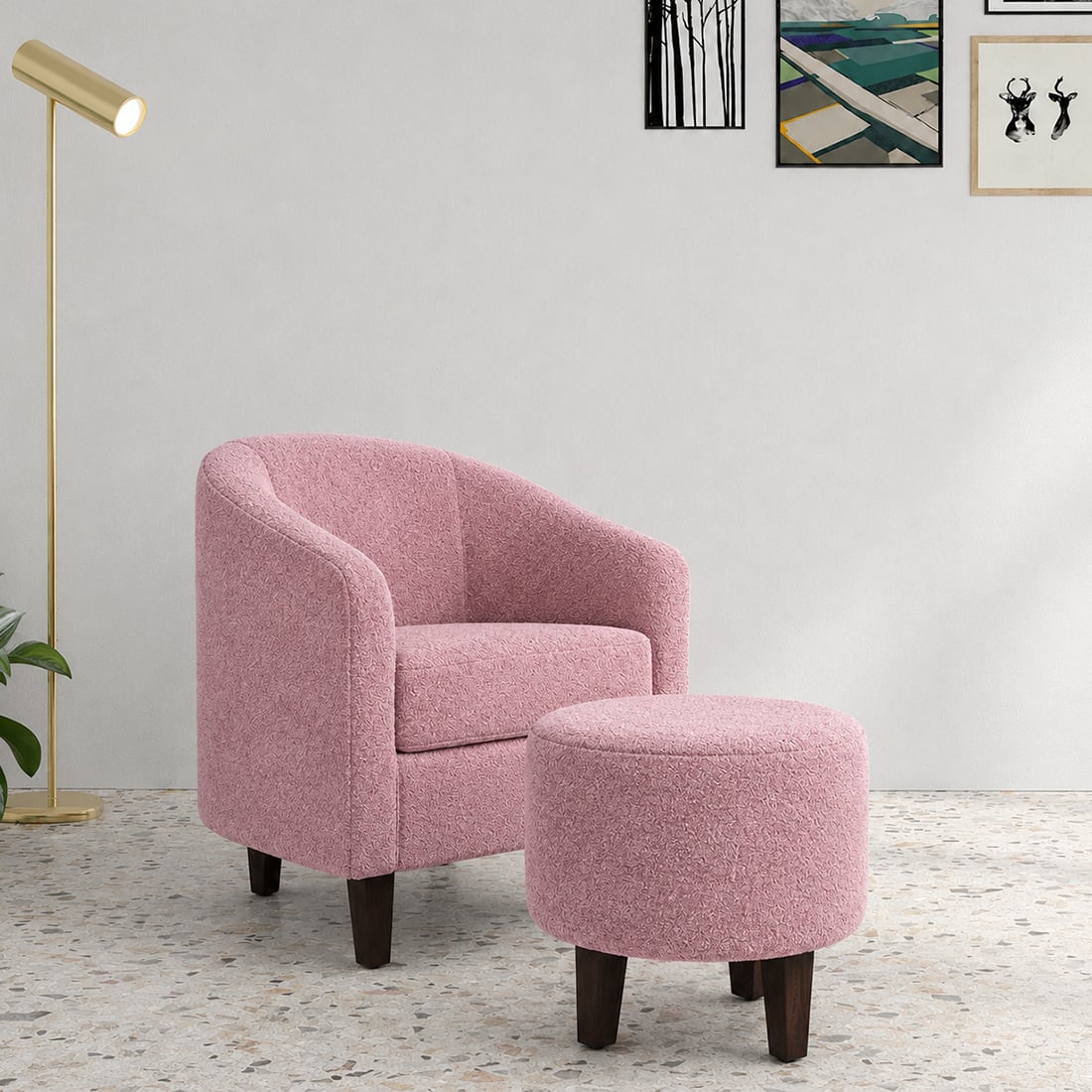 Daviana Boucle Fabric Lounge Chair in Pink Colour - KURSIWALLAH