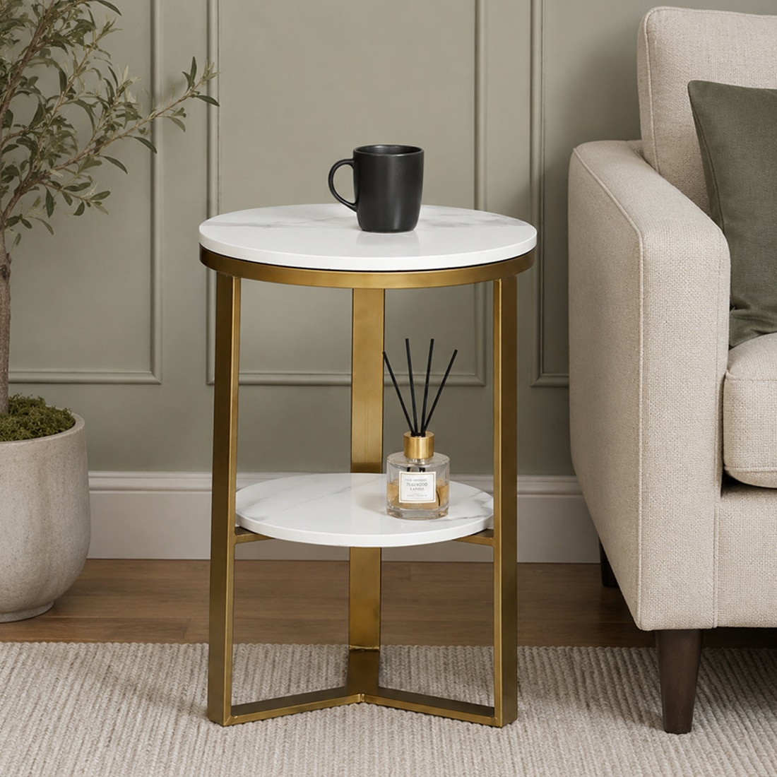 Metallita White Porcelain Top End Table Gold Finish - Bhavya Exports