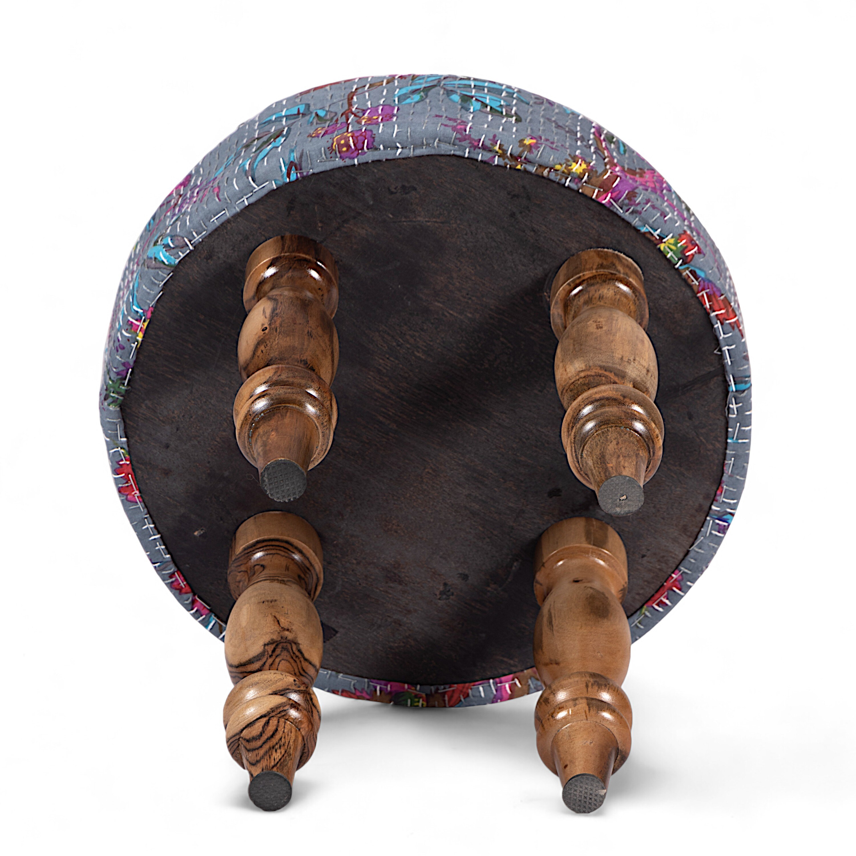 Roswell Sheesham Wood Mid Century Round Set of 2 Stools in Grey Brid Print Kantha Upholstery