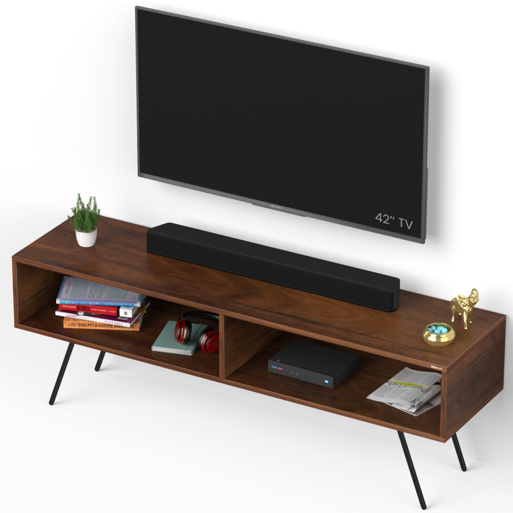 BLUEWUD Averyl Engineering Wood TV Entertainment Unit Set Top Box Stand/TV Cabinet Panel with Shelves for Books & D�cor Display Unit with Black Pencil Legs, Ideal for 55 Inches (Brown Maple)