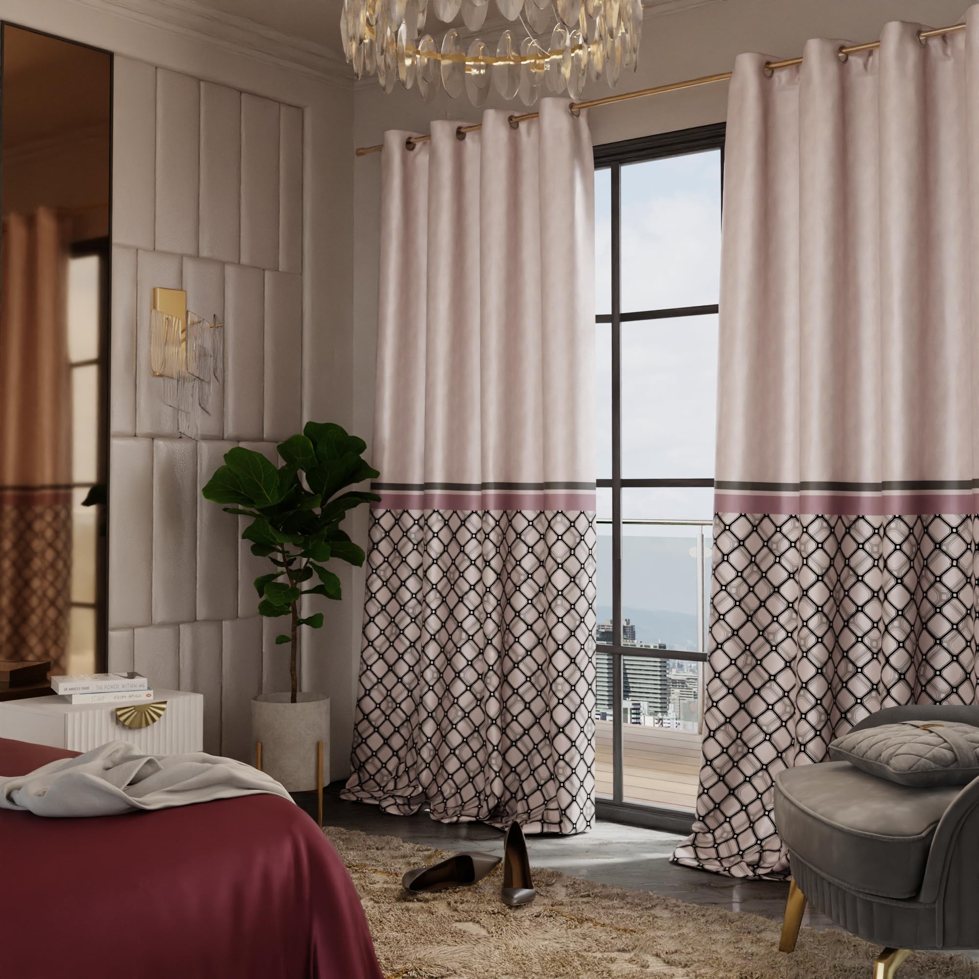 Stoa Paris Satin Long Door Curtain, 70% Blackout Curtains, Sun Protection, Set of 2, Versailles - Noble Rose - Stoa Paris