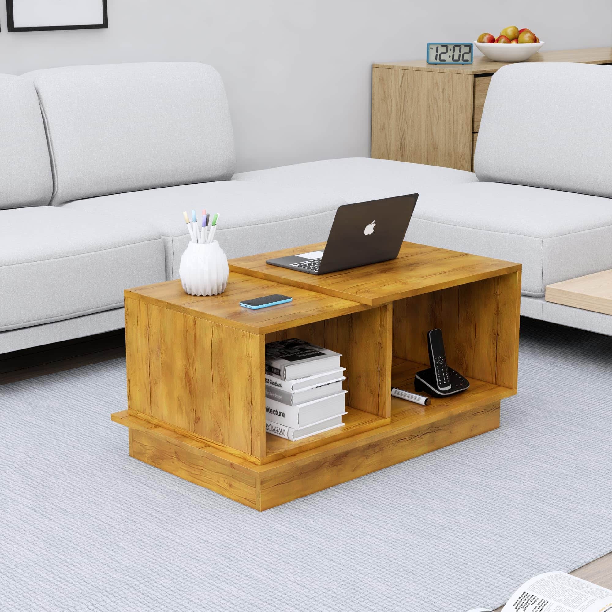 Hexa Engineered Wood Coffee Table With Storage And Open Rack In Giant Wood - HexaRed