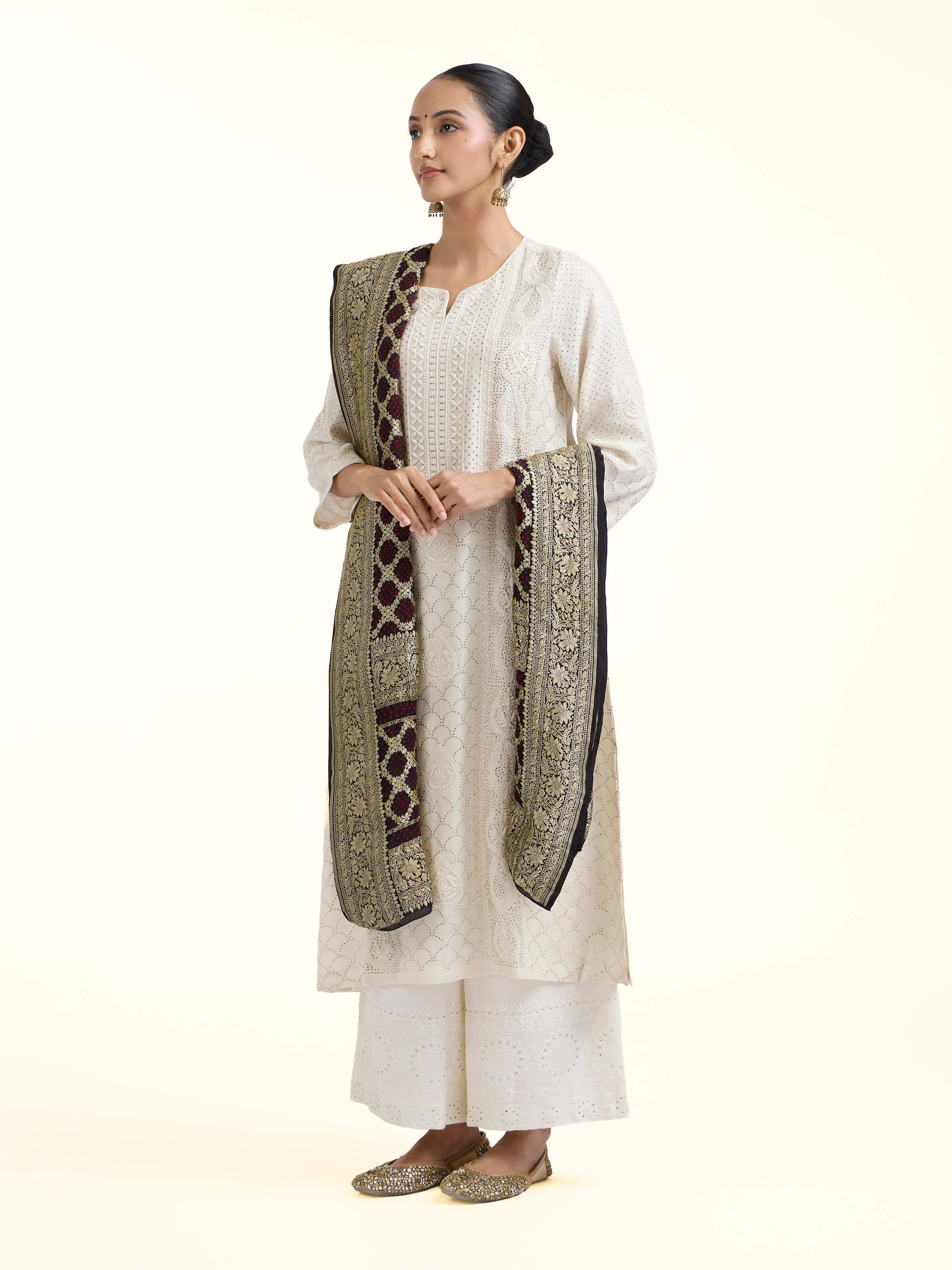 Side view of Black Bandhani Tie & Dye Silk Dupatta highlighting the detailed craftsmanship and elegant silhouette