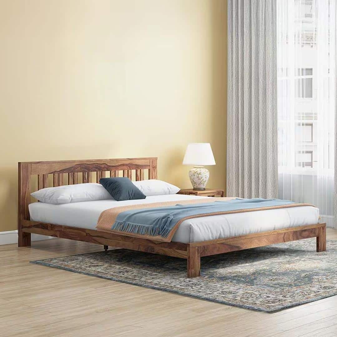 Beirut Solid Wood Bed Queen Size In Teak Finish