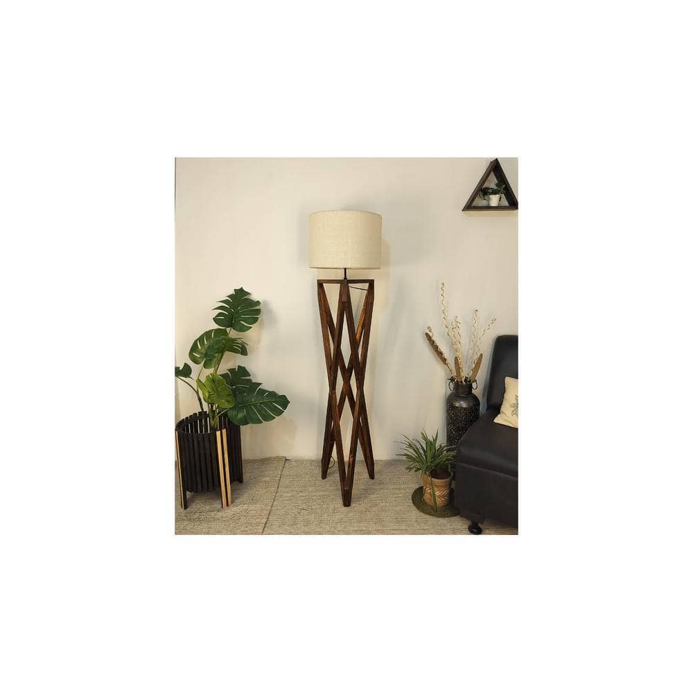 Ignis Wooden Floor Lamp with Brown Base and Jute Fabric Lampshade