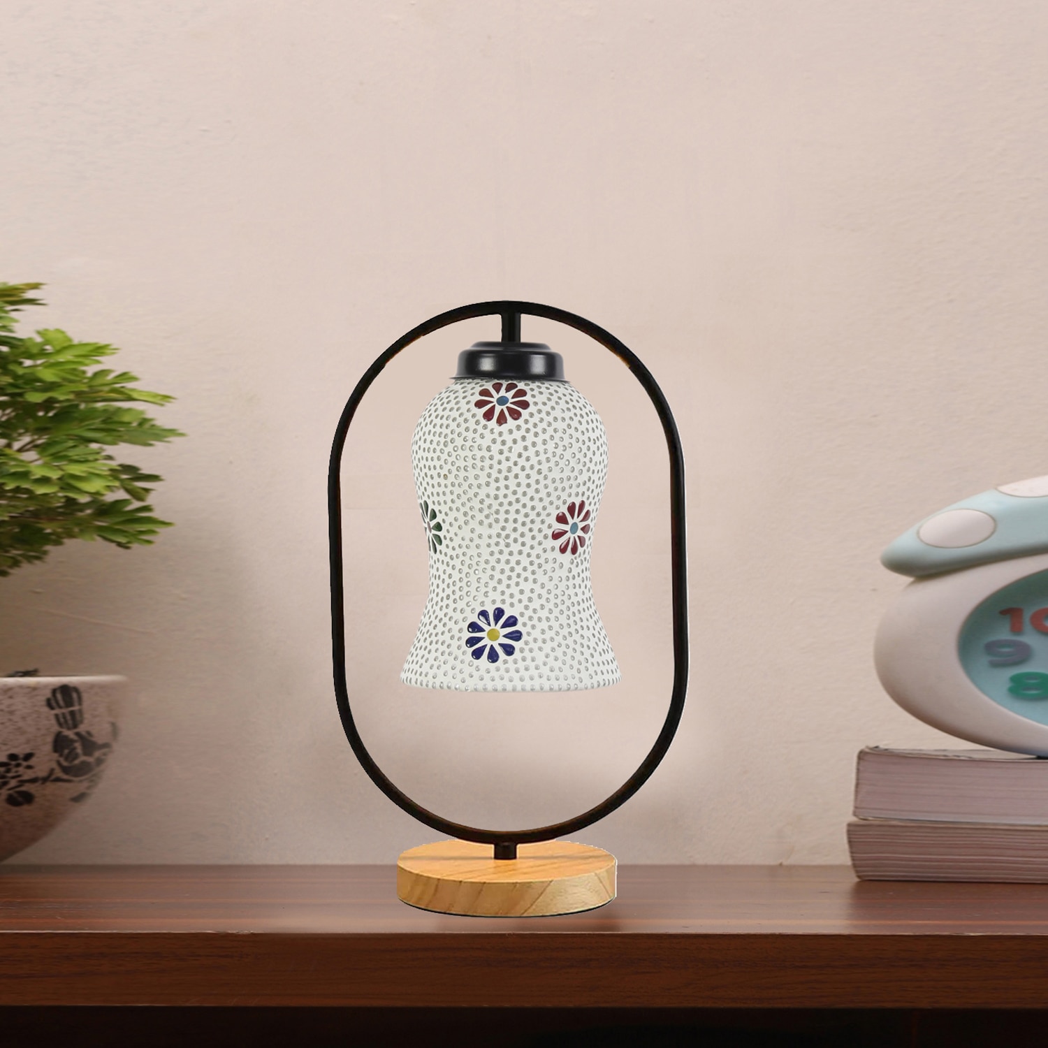 Devansh Multicolor Glass Wooden & Iron  Table Lamp -17 Inch Height  -Anh
