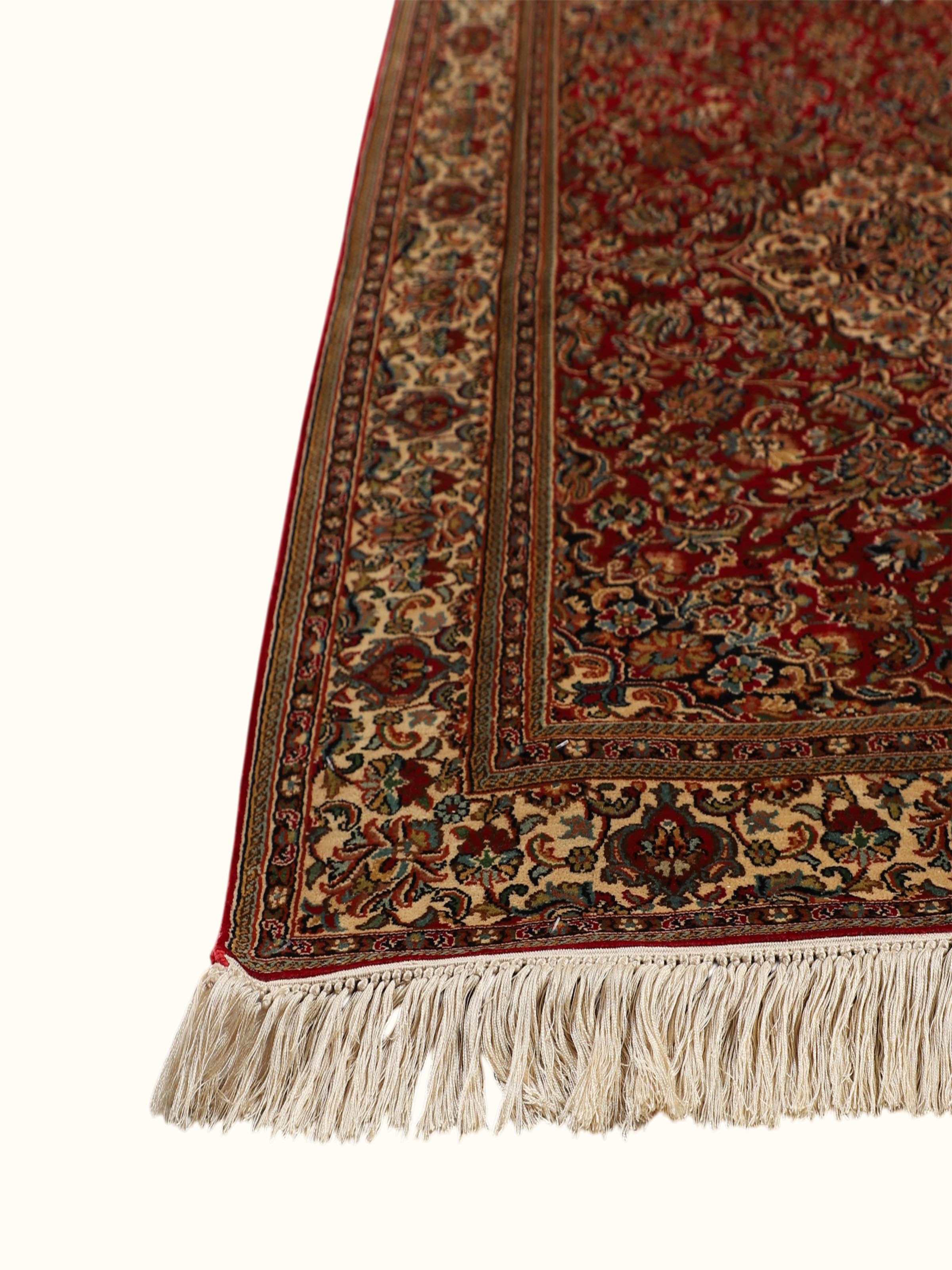 Traditional Persian Red Ivory Kashan Kashmir Silk Hand-Knotted Carpet