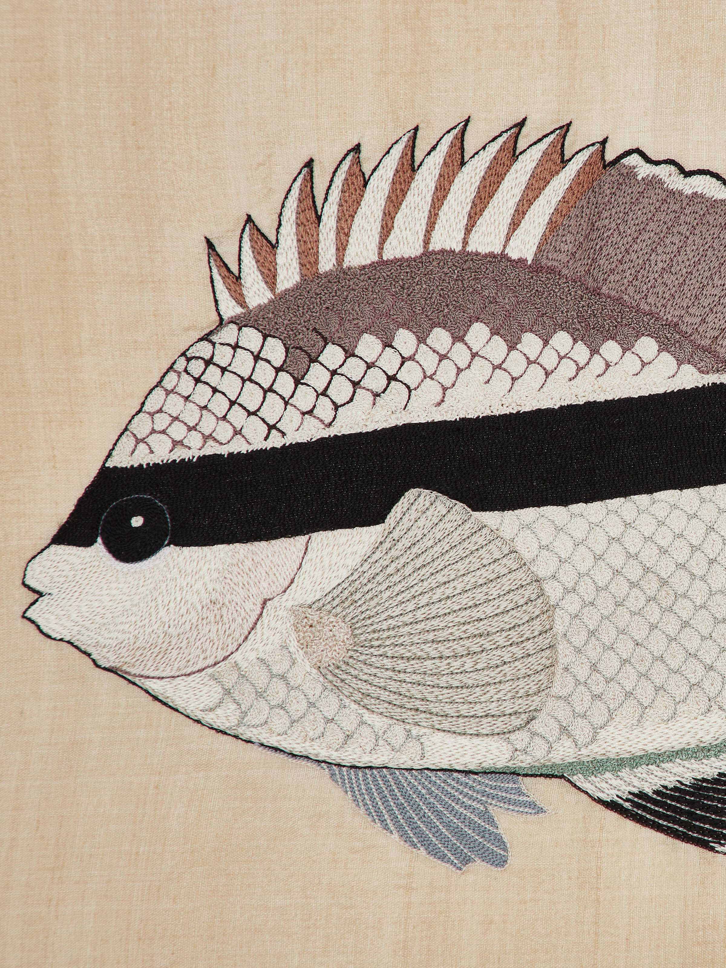 Close-up of Aari embroidery Bandit Angelfish wall art showcasing fine embroidery and texture.
