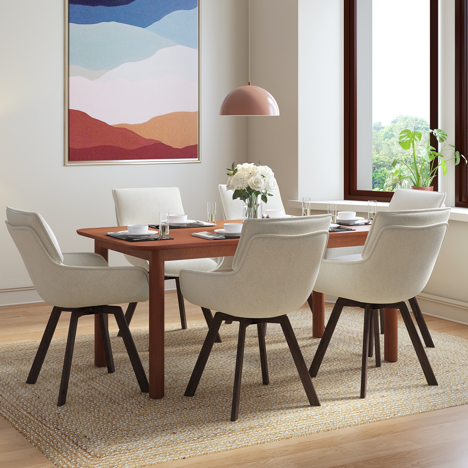 Dane Solid Wood Dining Table 6 Seater with 6 Bren Swivel Dining Chairs (Colour: Ivory) - Urban Ladder