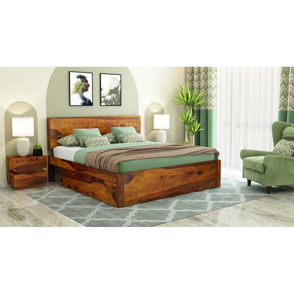 Esra Sheesham Wood Queen Size Bed Drawer Storage Honey OakOak Finish (60 x 78 inches)