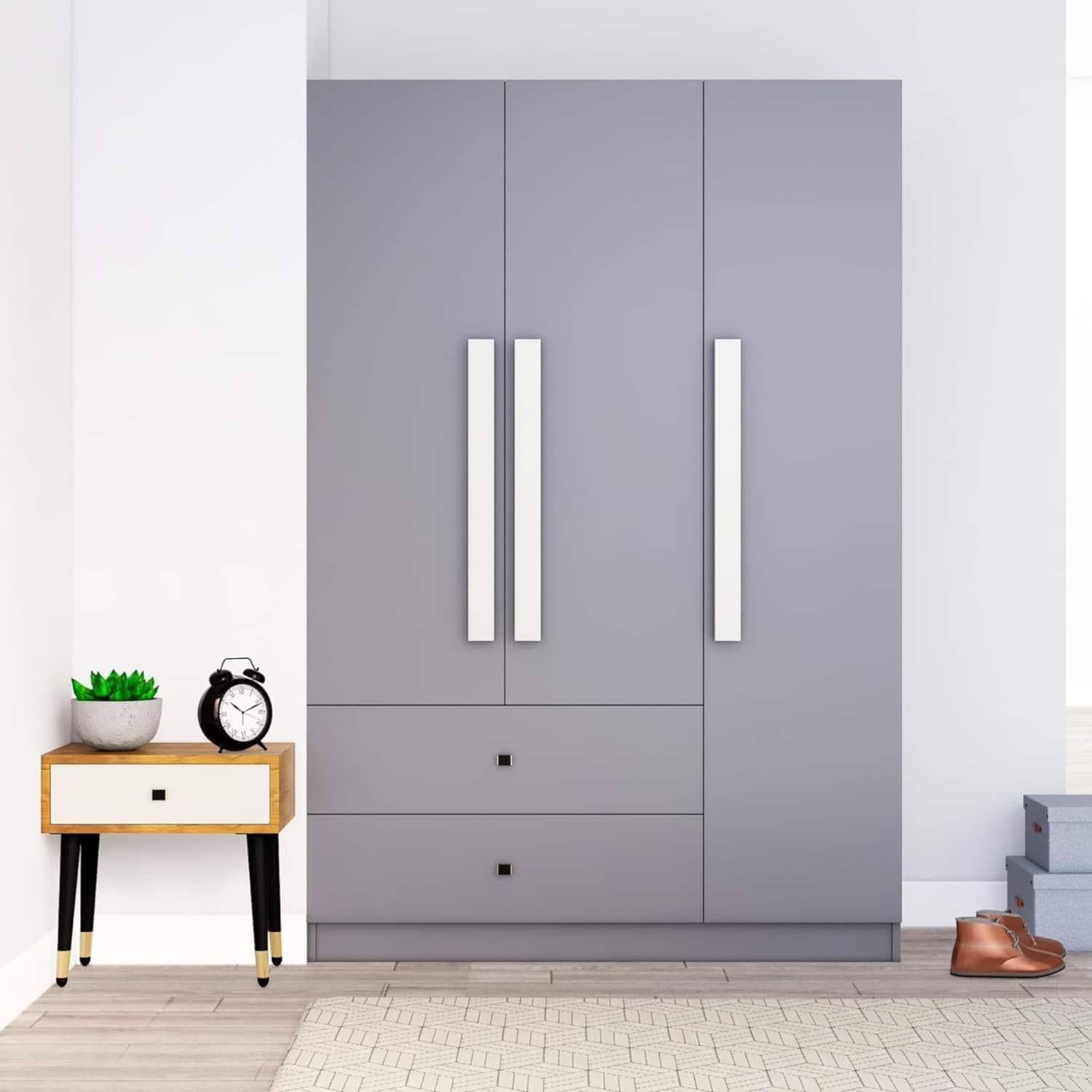 Hexa Red Wooden 3 Door Wardrobe with 2 Drawers and Hanging Space in Slate Grey Colour - HexaRed