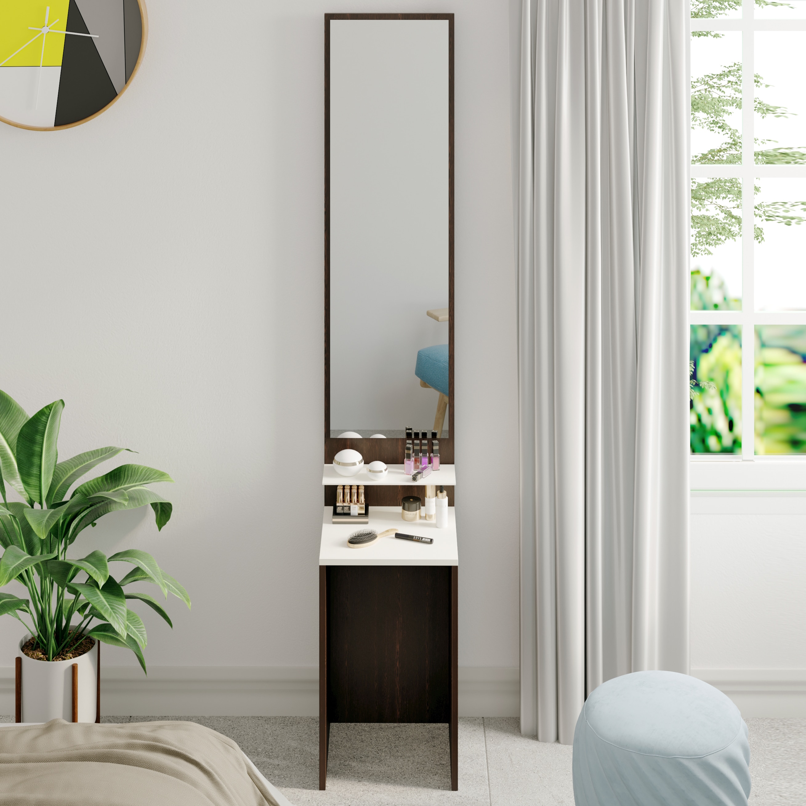 BLUEWUD Alesti Engineered Wood Slim Dressing Table Full Length Rectangular Wall Mount Mirror With Utility Shelf (Wenge & White)